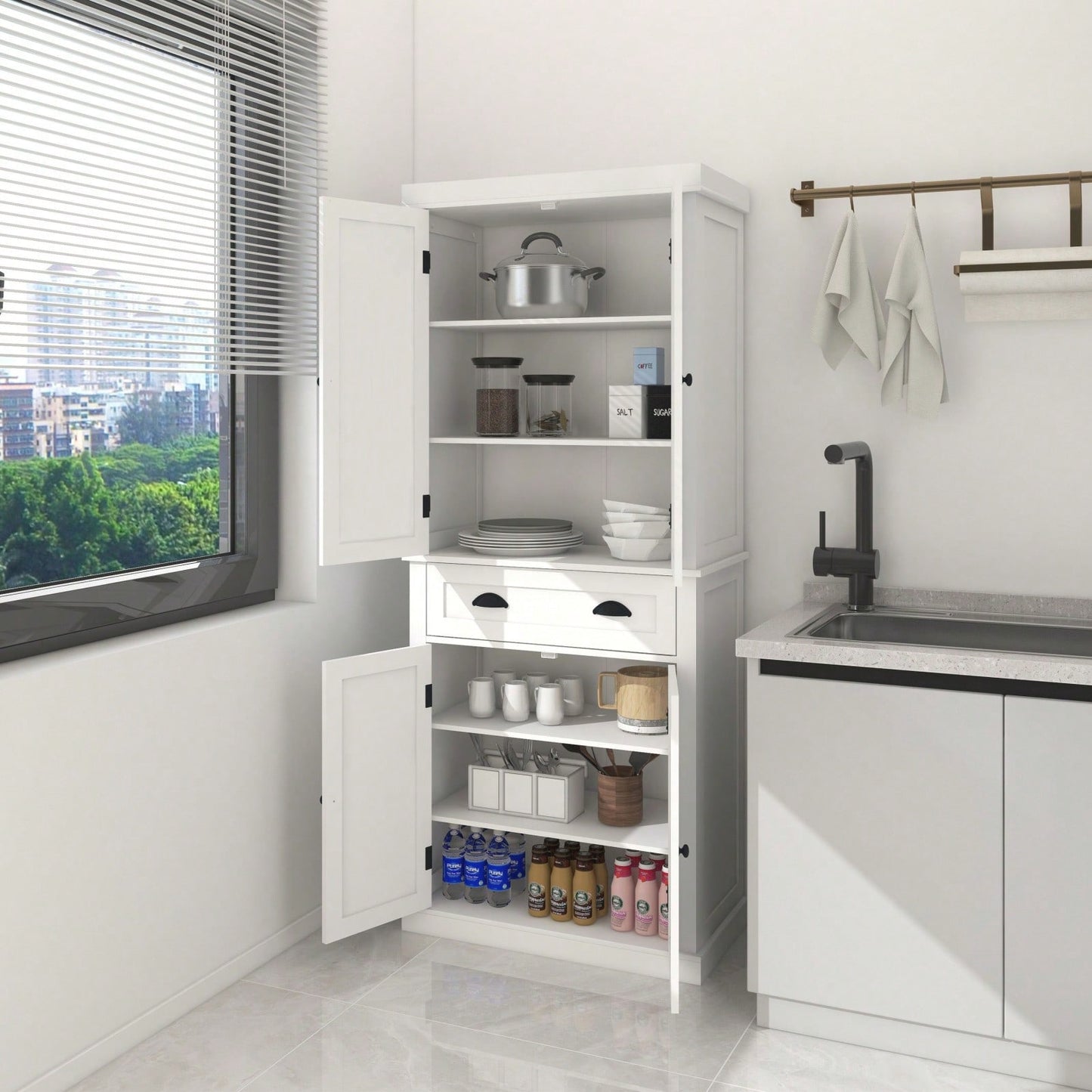 71 Inch Freestanding Kitchen Pantry Cabinet with 4 Doors Drawer and 2 Adjustable Shelves in White Finish for Kitchen Dining Storage