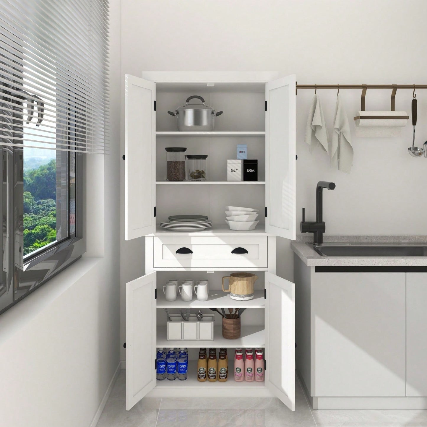 71 Inch Freestanding Kitchen Pantry Cabinet with 4 Doors Drawer and 2 Adjustable Shelves in White Finish for Kitchen Dining Storage