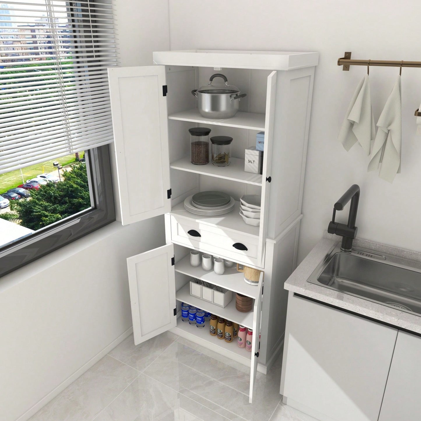 71 Inch Freestanding Kitchen Pantry Cabinet with 4 Doors Drawer and 2 Adjustable Shelves in White Finish for Kitchen Dining Storage