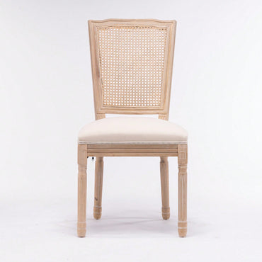 Farmhouse French Linen Dining Chairs with Rattan Back Set of 2 Comfortable Padded Seat Solid Wood Frame Easy Assembly