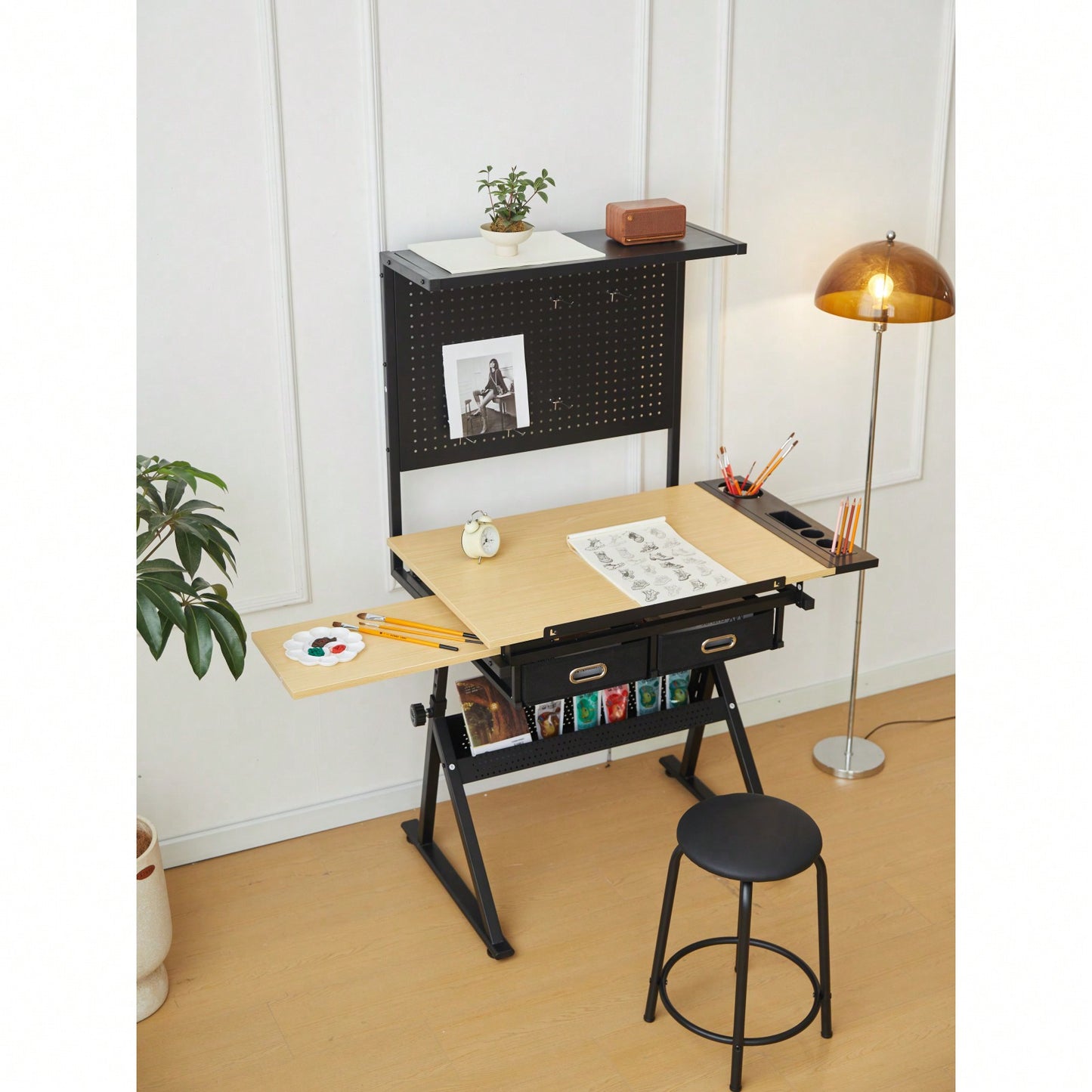 Ergonomic Adjustable Drafting Table with Magnetic Pegboard and Storage Drawers for Art and Design