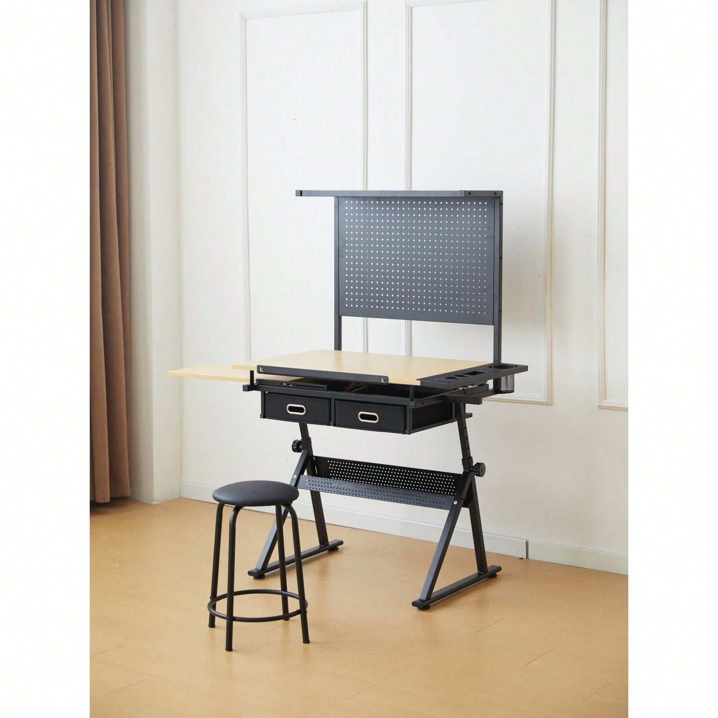 Ergonomic Adjustable Drafting Table with Magnetic Pegboard and Storage Drawers for Art and Design