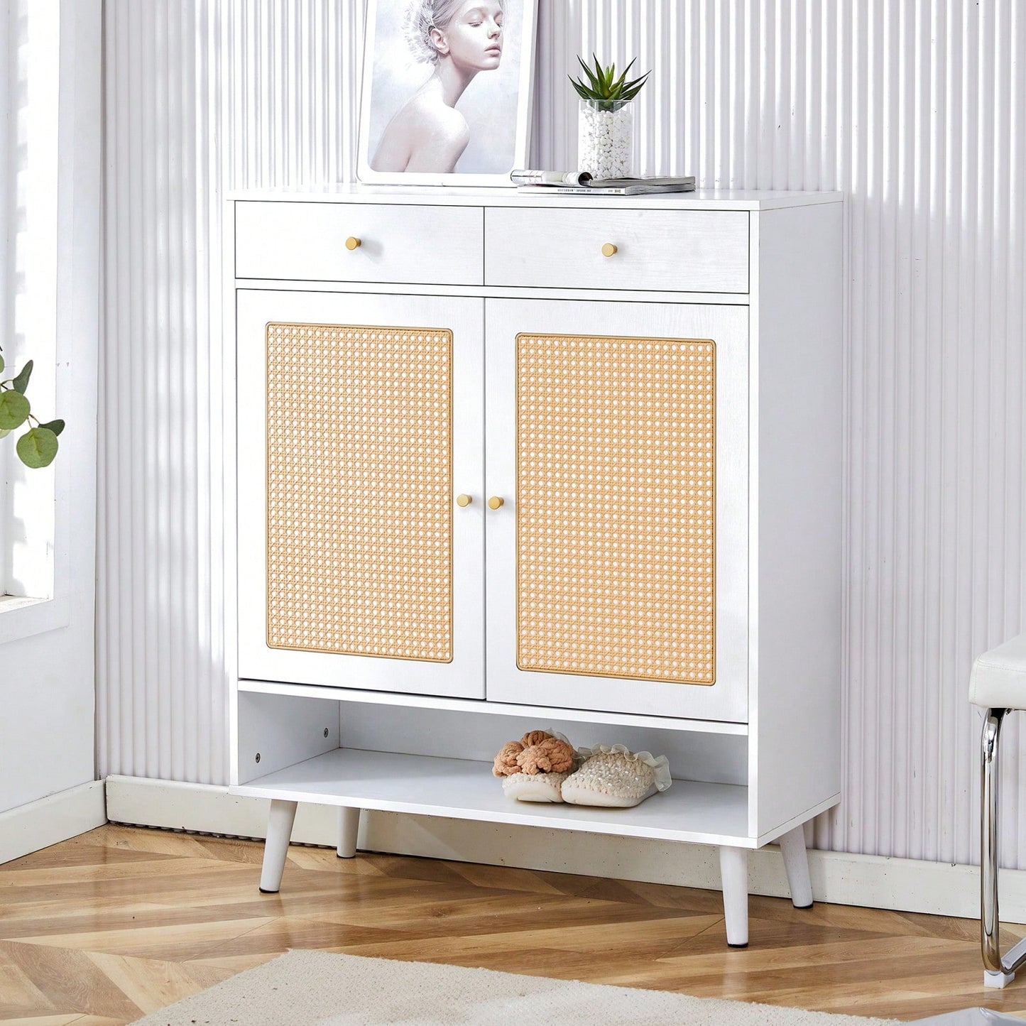 Modern Minimalist Storage Cabinet With Rattan Doors - Stylish Entryway Shoe Organizer Or Bedroom Nightstand - Easy 5-10 Minute Assembly