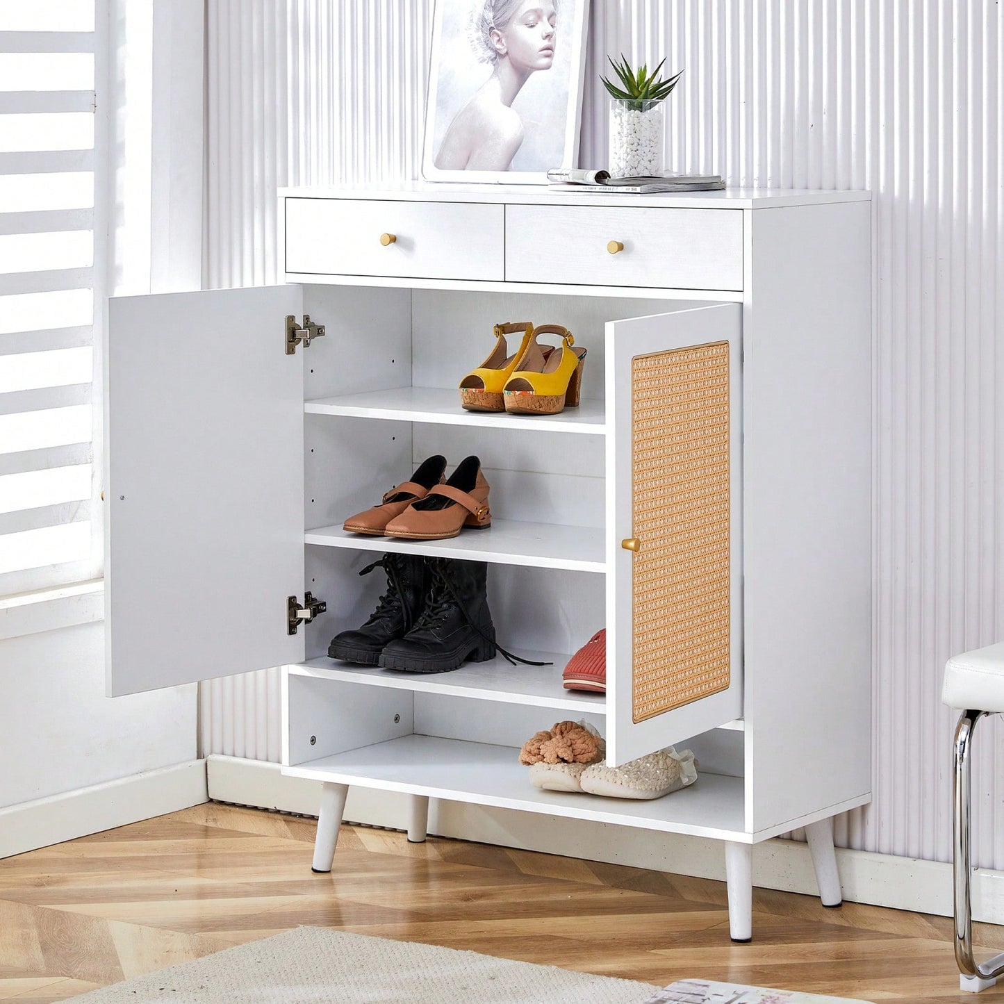 Modern Minimalist Storage Cabinet With Rattan Doors - Stylish Entryway Shoe Organizer Or Bedroom Nightstand - Easy 5-10 Minute Assembly