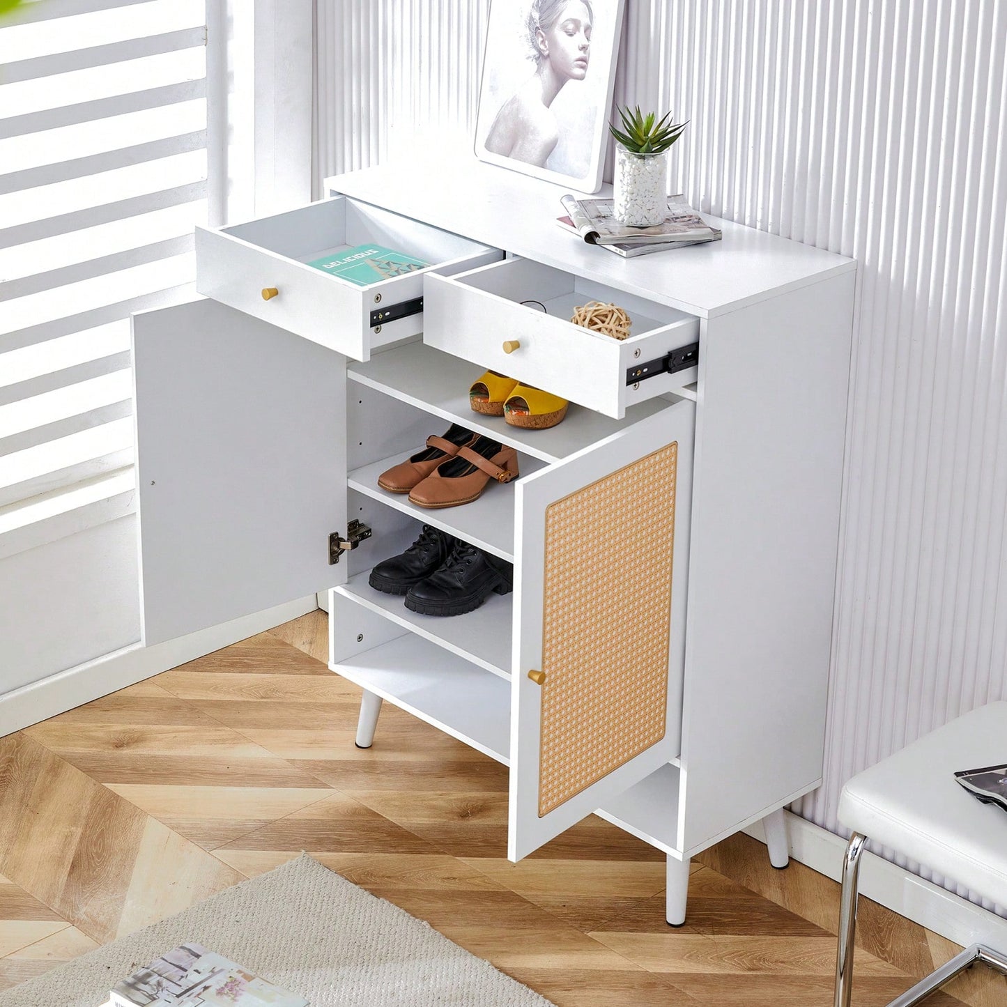 Modern Minimalist Storage Cabinet With Rattan Doors - Stylish Entryway Shoe Organizer Or Bedroom Nightstand - Easy 5-10 Minute Assembly