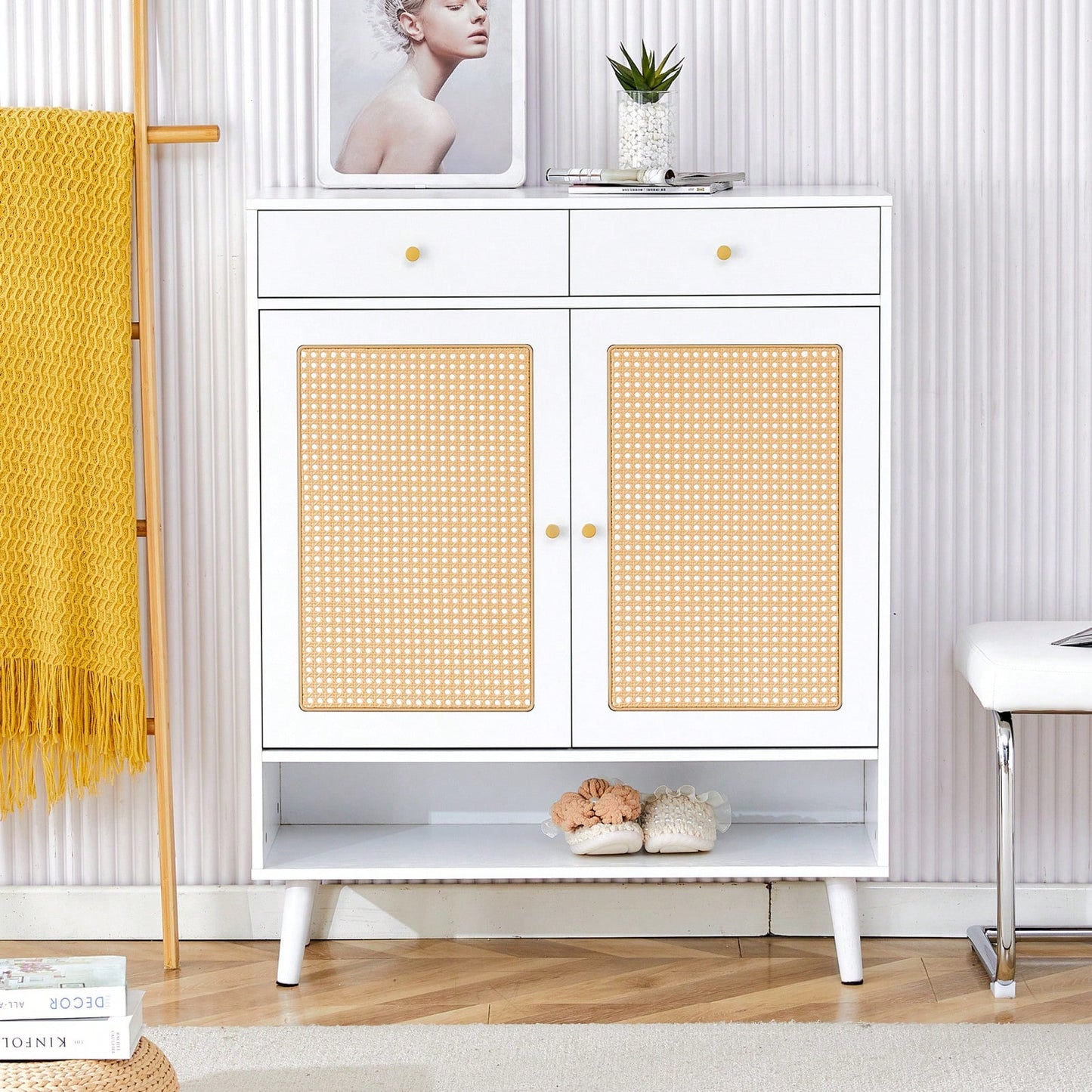 Modern Minimalist Storage Cabinet With Rattan Doors - Stylish Entryway Shoe Organizer Or Bedroom Nightstand - Easy 5-10 Minute Assembly