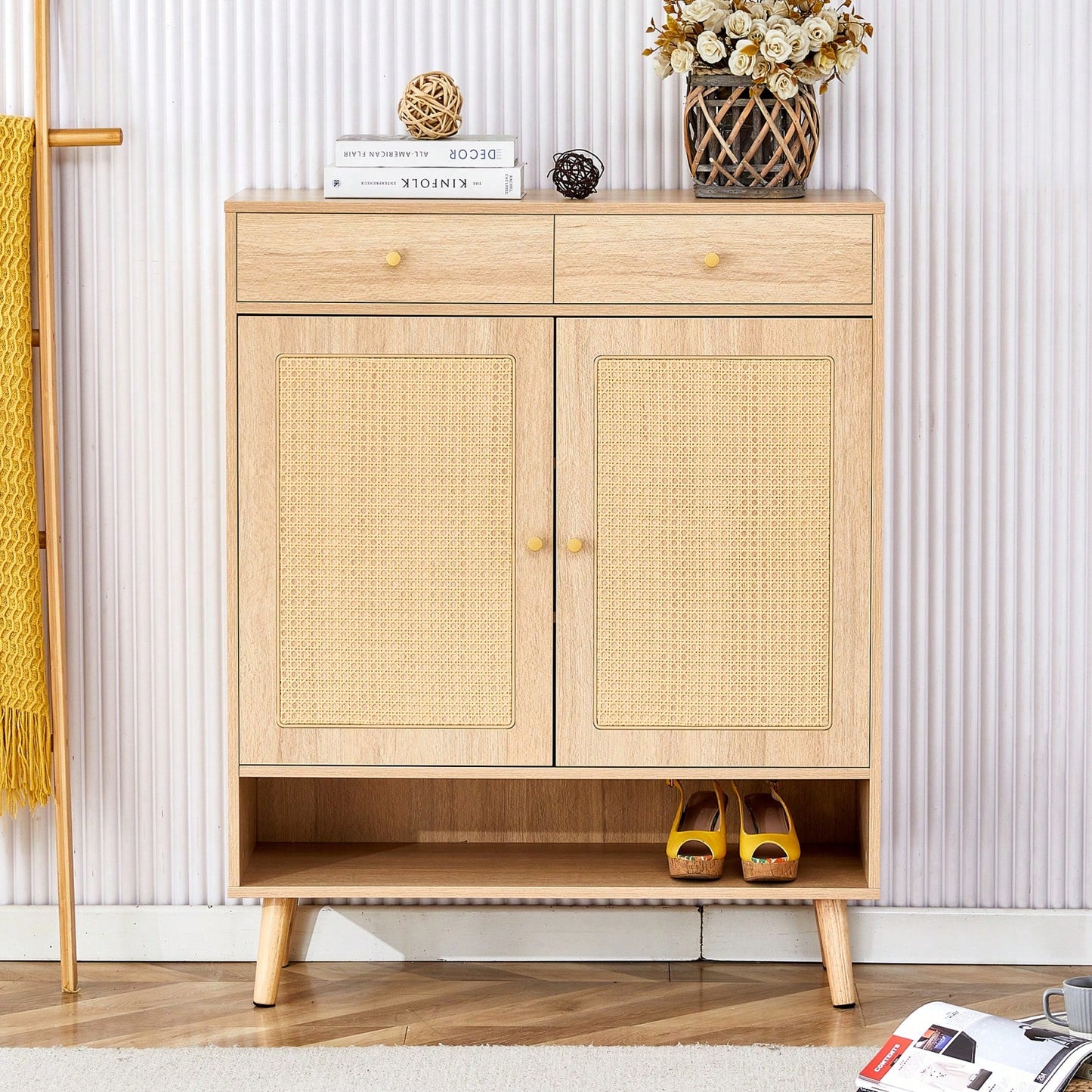 Modern Minimalist Storage Cabinet With Rattan Doors - Stylish Entryway Shoe Organizer Or Bedroom Nightstand - Easy 5-10 Minute Assembly