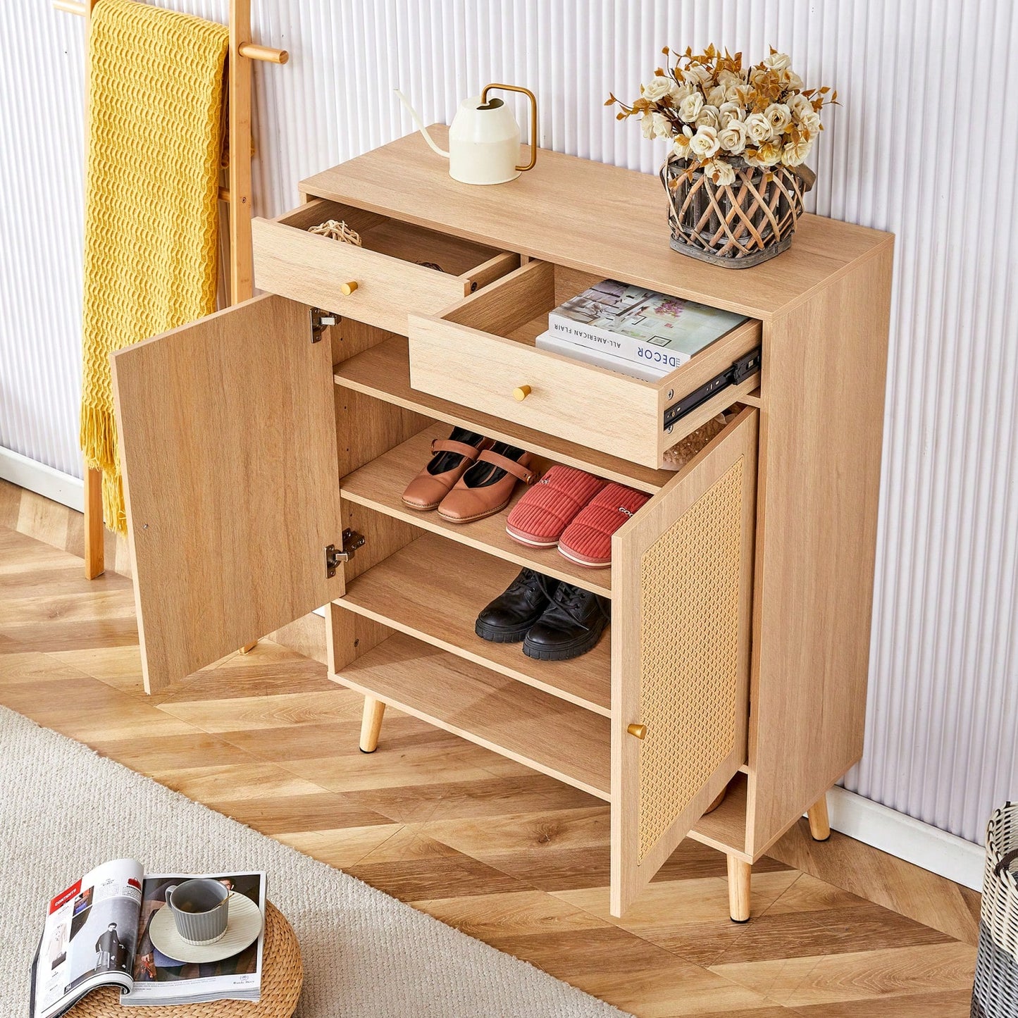 Modern Minimalist Storage Cabinet With Rattan Doors - Stylish Entryway Shoe Organizer Or Bedroom Nightstand - Easy 5-10 Minute Assembly