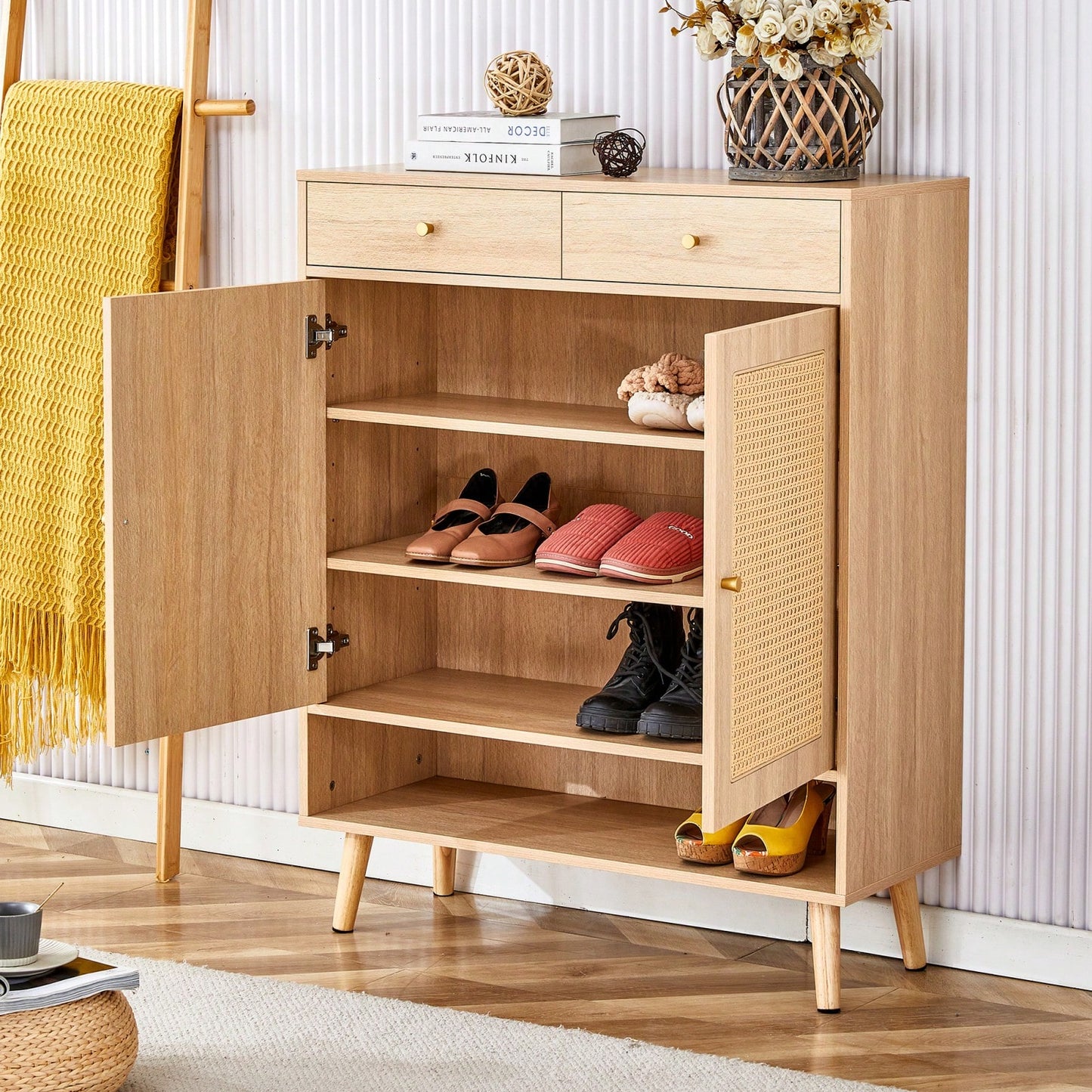 Modern Minimalist Storage Cabinet With Rattan Doors - Stylish Entryway Shoe Organizer Or Bedroom Nightstand - Easy 5-10 Minute Assembly