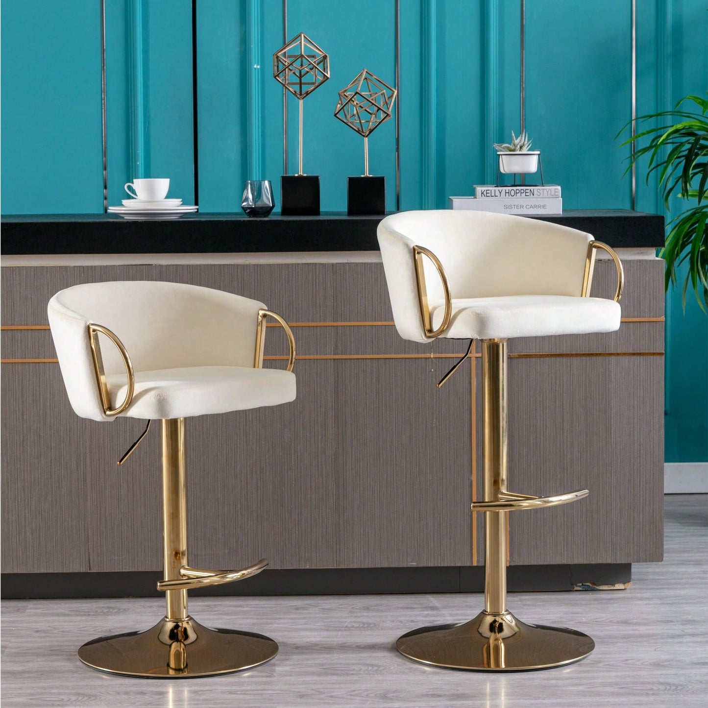 Adjustable Velvet Bar Stools Set of 2 with Backrest and Footrest Modern Swivel Chairs for Kitchen Island Golden Base
