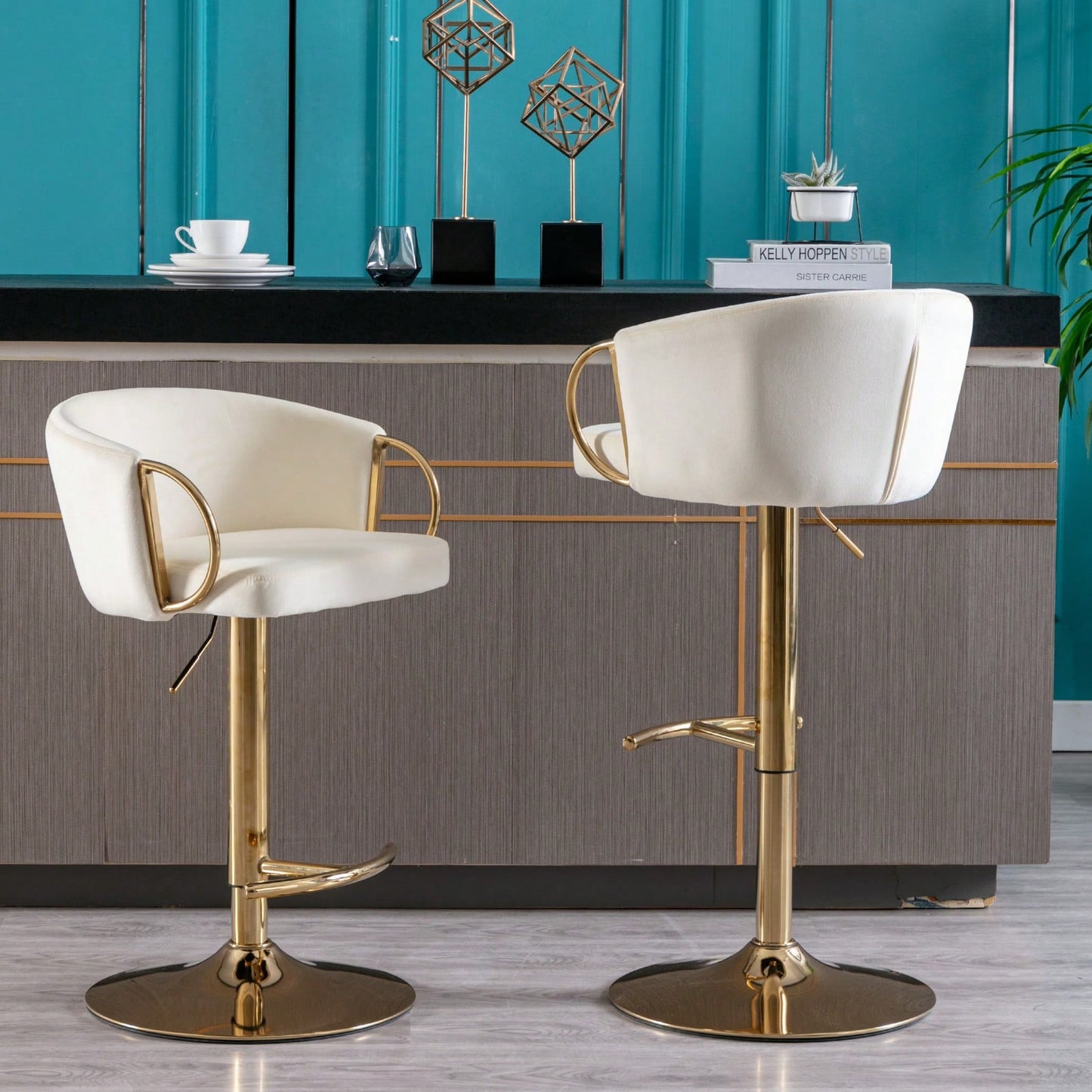 Adjustable Velvet Bar Stools Set of 2 with Backrest and Footrest Modern Swivel Chairs for Kitchen Island Golden Base