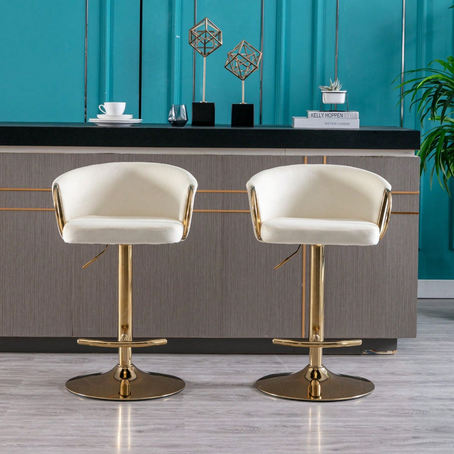 Adjustable Velvet Bar Stools Set of 2 with Backrest and Footrest Modern Swivel Chairs for Kitchen Island Golden Base