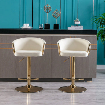 Adjustable Velvet Bar Stools Set of 2 with Backrest and Footrest Modern Swivel Chairs for Kitchen Island Golden Base