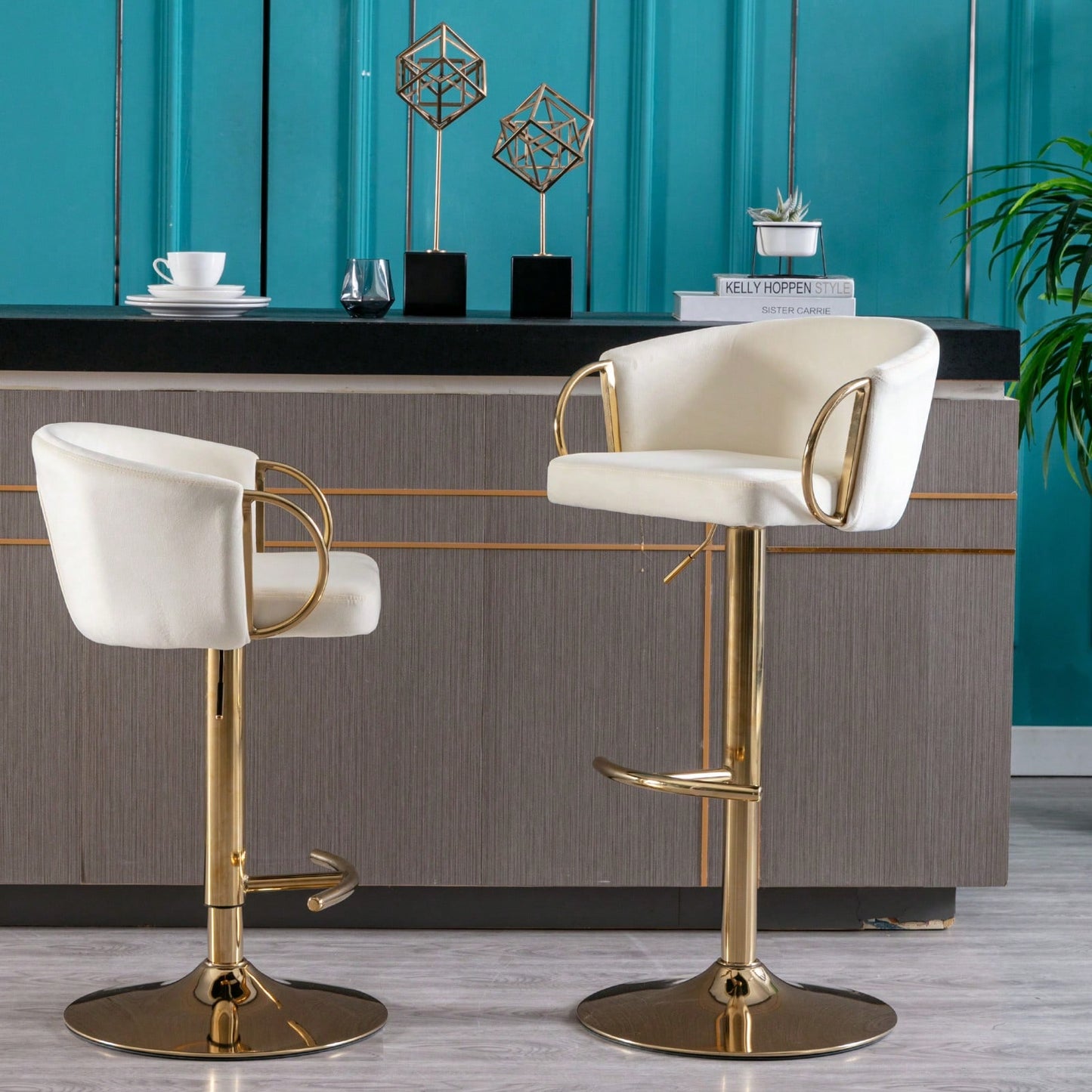 Adjustable Velvet Bar Stools Set of 2 with Backrest and Footrest Modern Swivel Chairs for Kitchen Island Golden Base