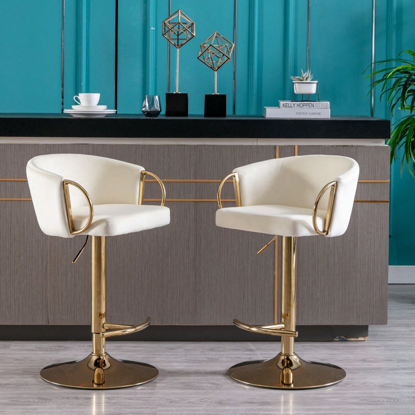 Adjustable Velvet Bar Stools Set of 2 with Backrest and Footrest Modern Swivel Chairs for Kitchen Island Golden Base