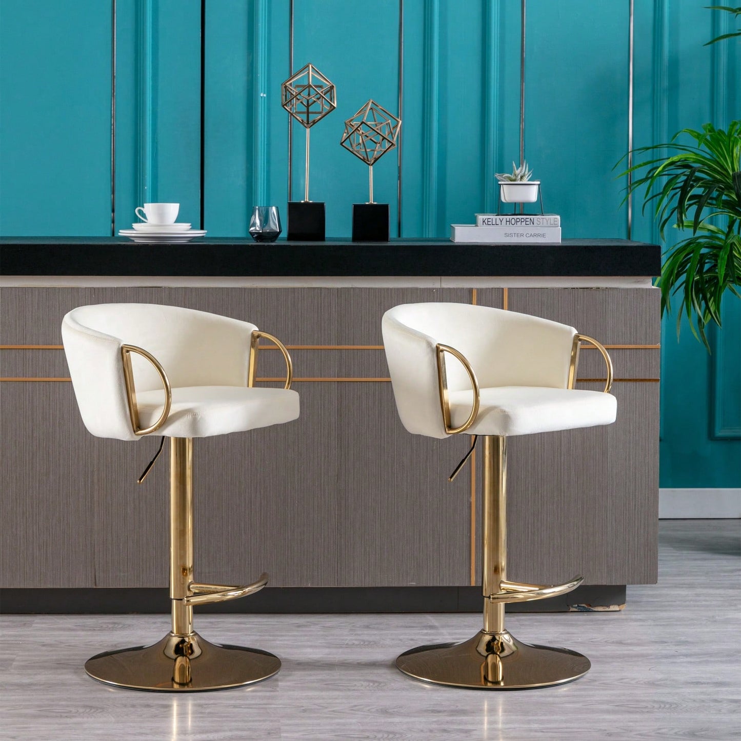 Adjustable Velvet Bar Stools Set of 2 with Backrest and Footrest Modern Swivel Chairs for Kitchen Island Golden Base