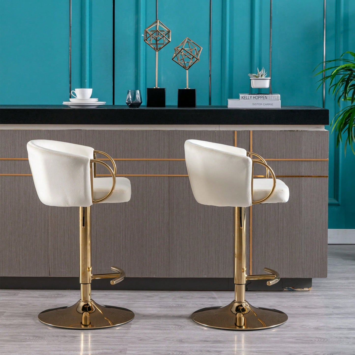 Adjustable Velvet Bar Stools Set of 2 with Backrest and Footrest Modern Swivel Chairs for Kitchen Island Golden Base