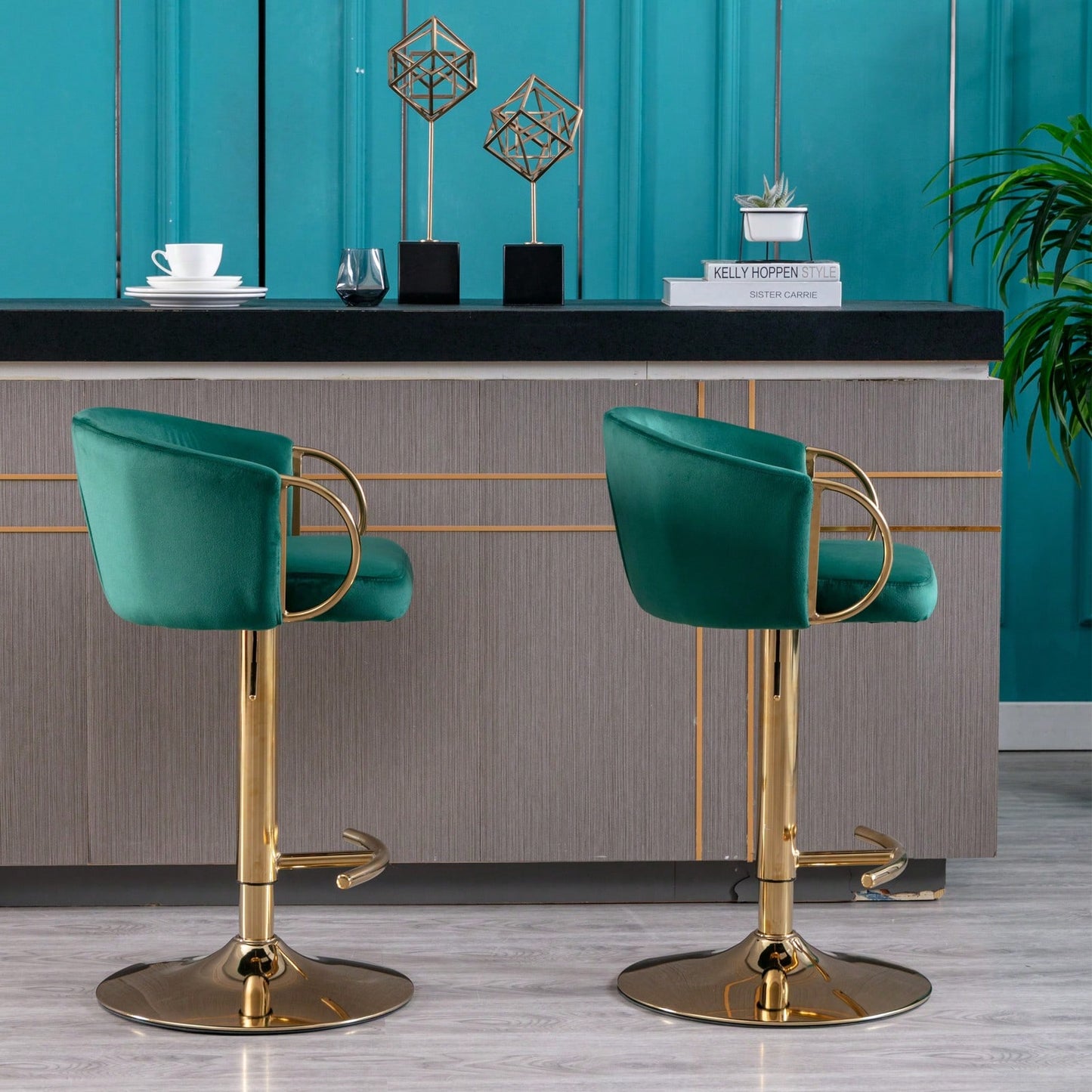 Adjustable Velvet Bar Stools Set of 2 with Backrest and Footrest Modern Swivel Chairs for Kitchen Island Golden Base