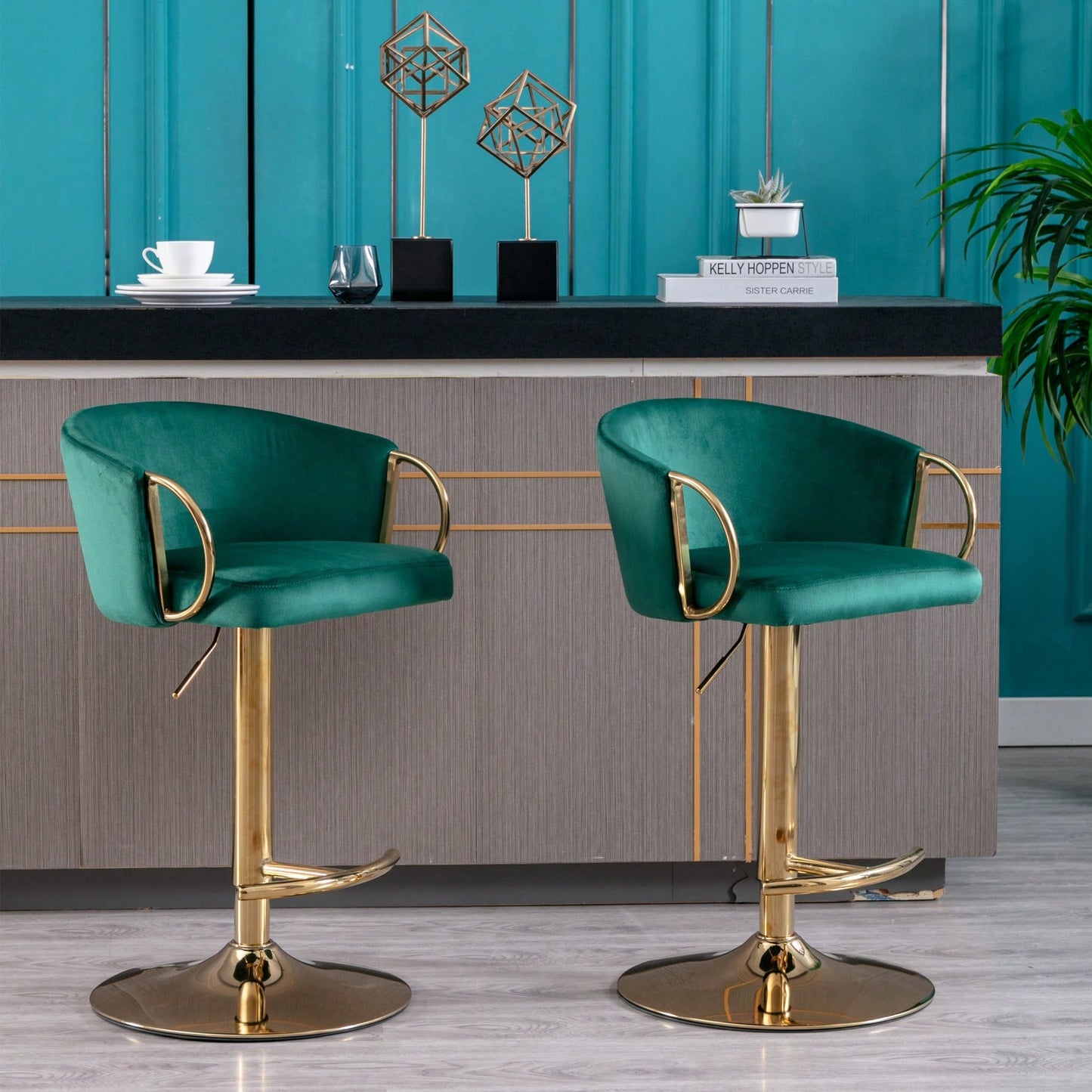 Adjustable Velvet Bar Stools Set of 2 with Backrest and Footrest Modern Swivel Chairs for Kitchen Island Golden Base