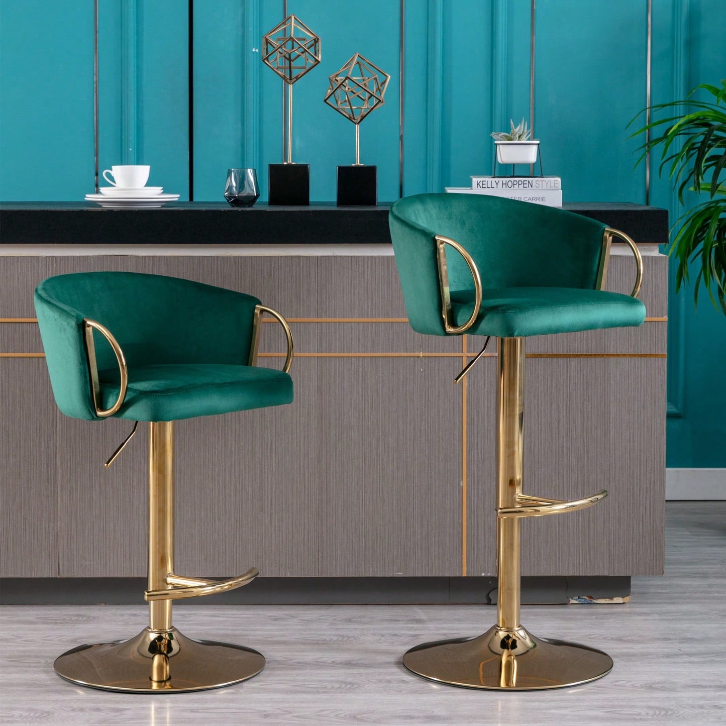 Adjustable Velvet Bar Stools Set of 2 with Backrest and Footrest Modern Swivel Chairs for Kitchen Island Golden Base