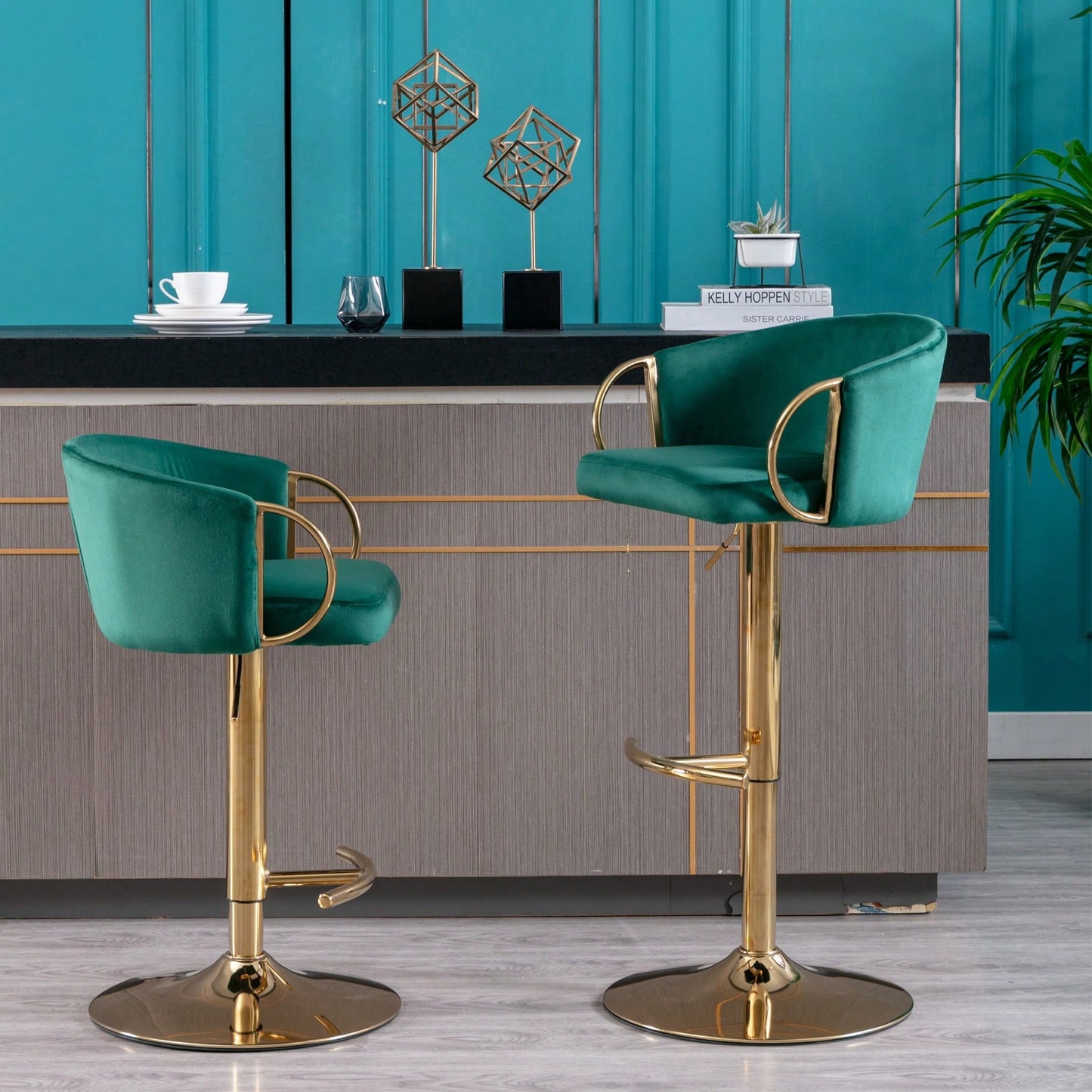 Adjustable Velvet Bar Stools Set of 2 with Backrest and Footrest Modern Swivel Chairs for Kitchen Island Golden Base
