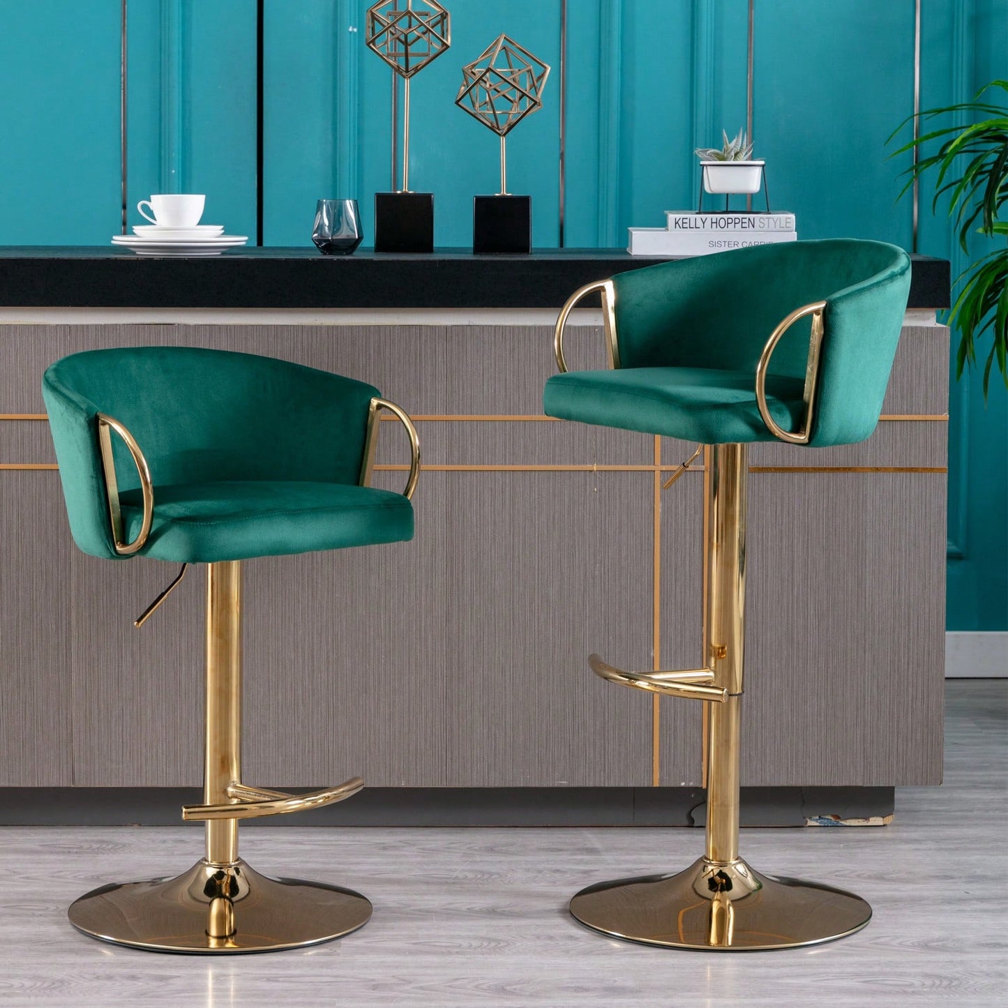 Adjustable Velvet Bar Stools Set of 2 with Backrest and Footrest Modern Swivel Chairs for Kitchen Island Golden Base