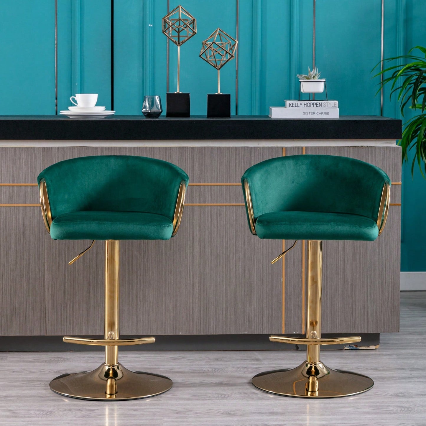 Adjustable Velvet Bar Stools Set of 2 with Backrest and Footrest Modern Swivel Chairs for Kitchen Island Golden Base