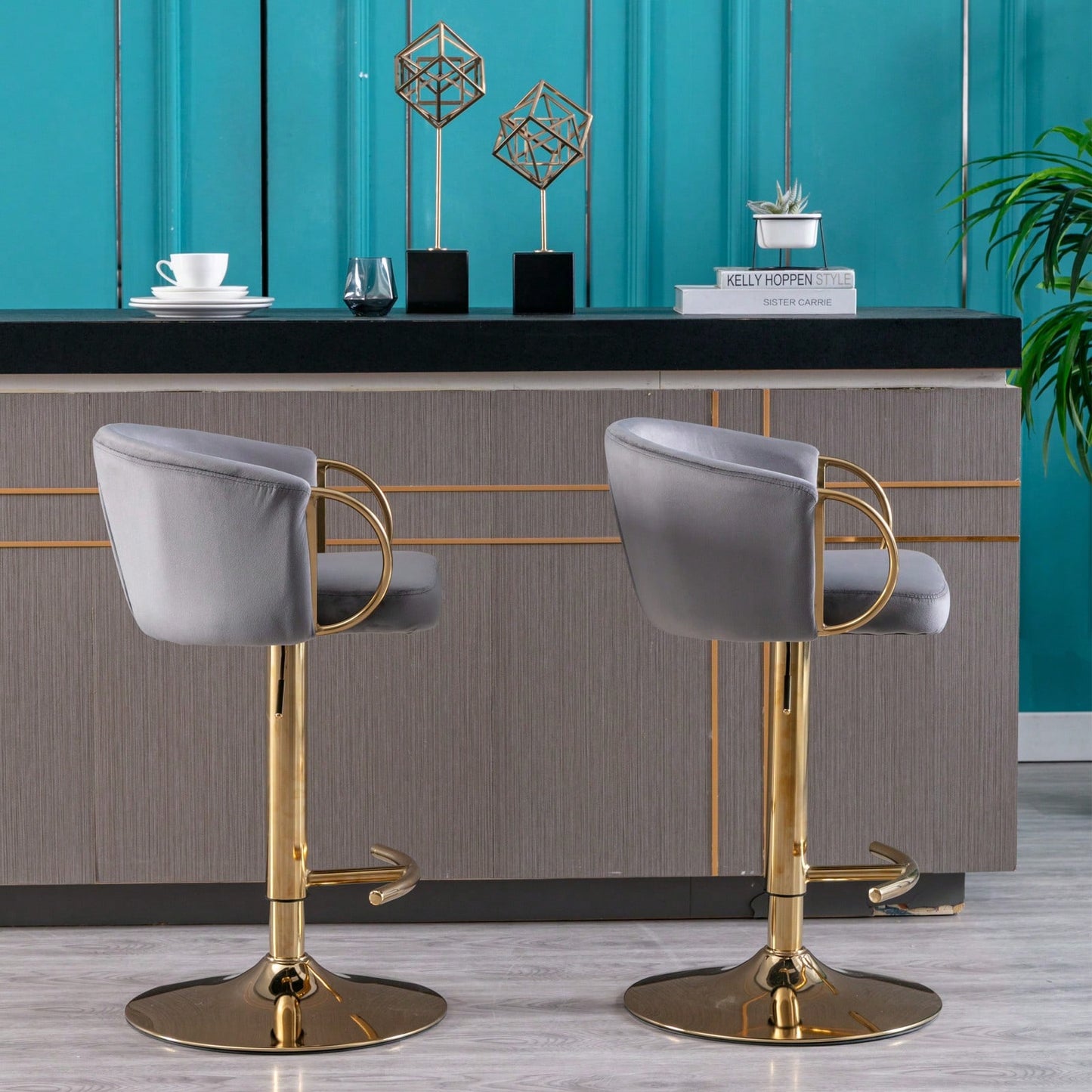 Adjustable Velvet Bar Stools Set of 2 with Backrest and Footrest Modern Swivel Chairs for Kitchen Island Golden Base