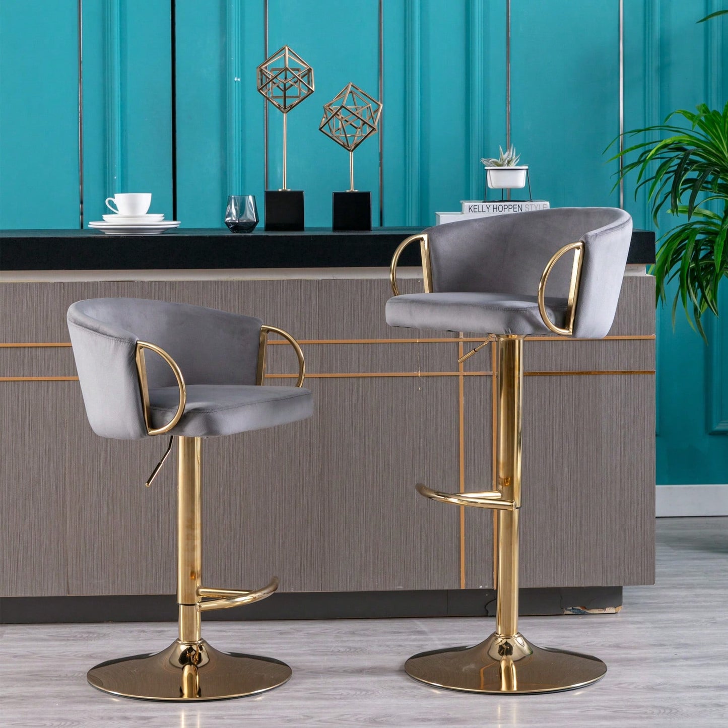 Adjustable Velvet Bar Stools Set of 2 with Backrest and Footrest Modern Swivel Chairs for Kitchen Island Golden Base