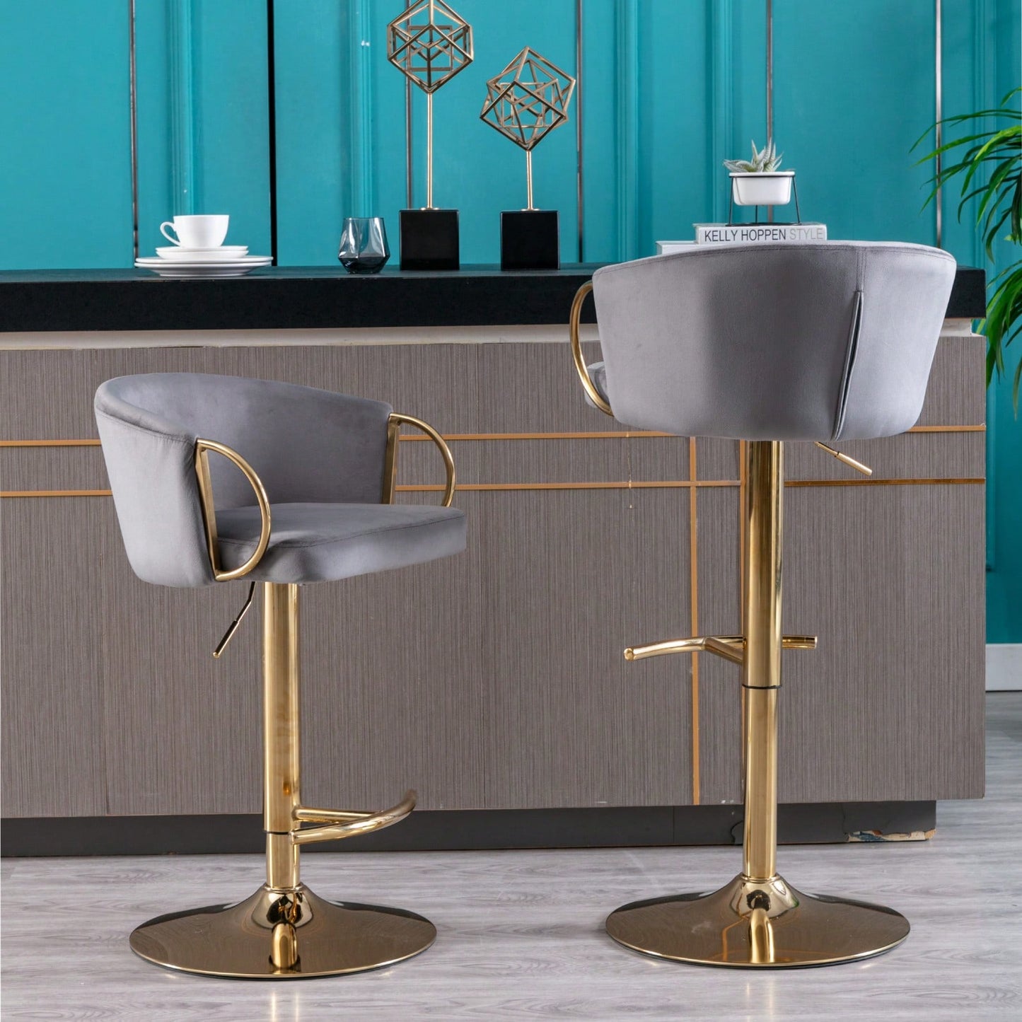 Adjustable Velvet Bar Stools Set of 2 with Backrest and Footrest Modern Swivel Chairs for Kitchen Island Golden Base
