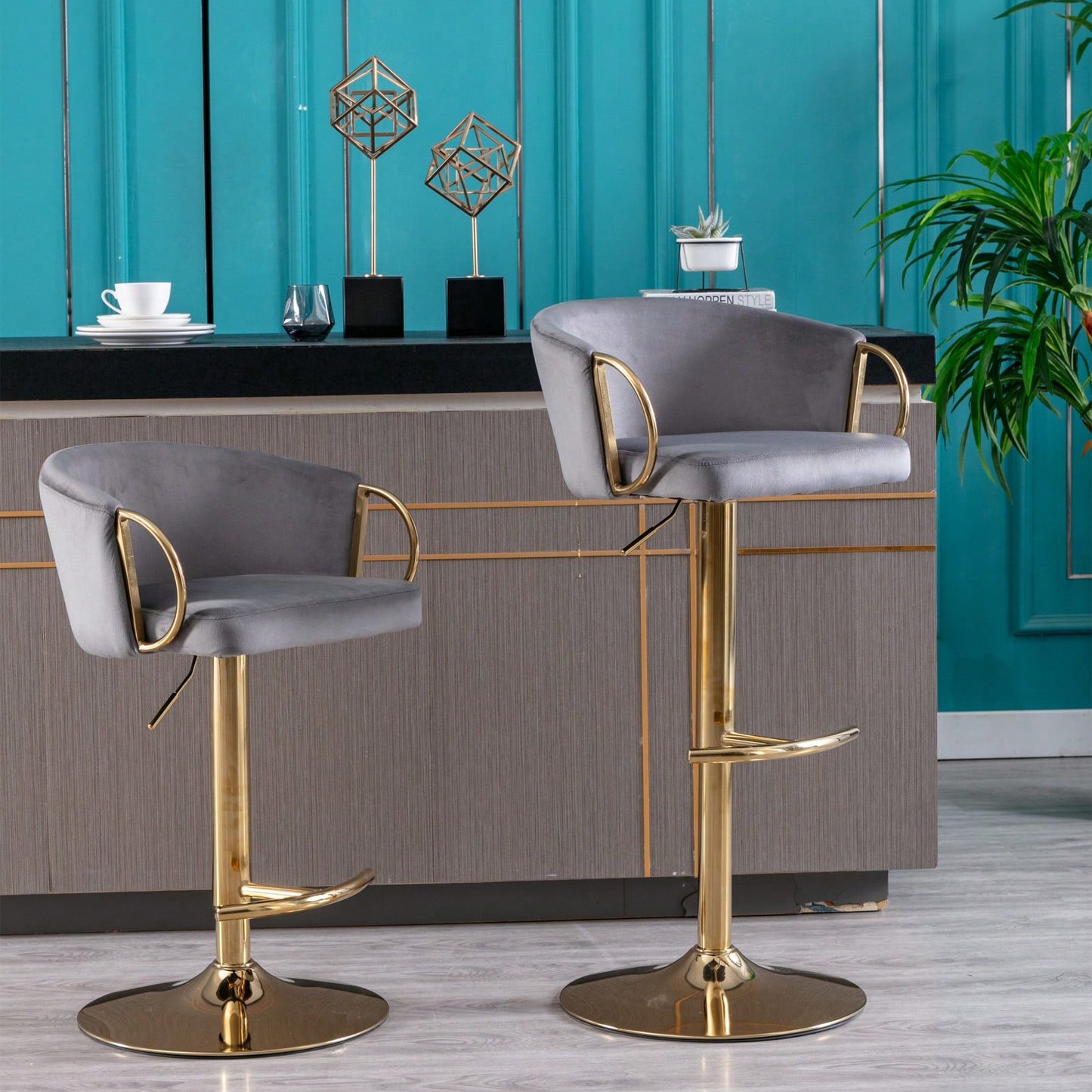 Adjustable Velvet Bar Stools Set of 2 with Backrest and Footrest Modern Swivel Chairs for Kitchen Island Golden Base