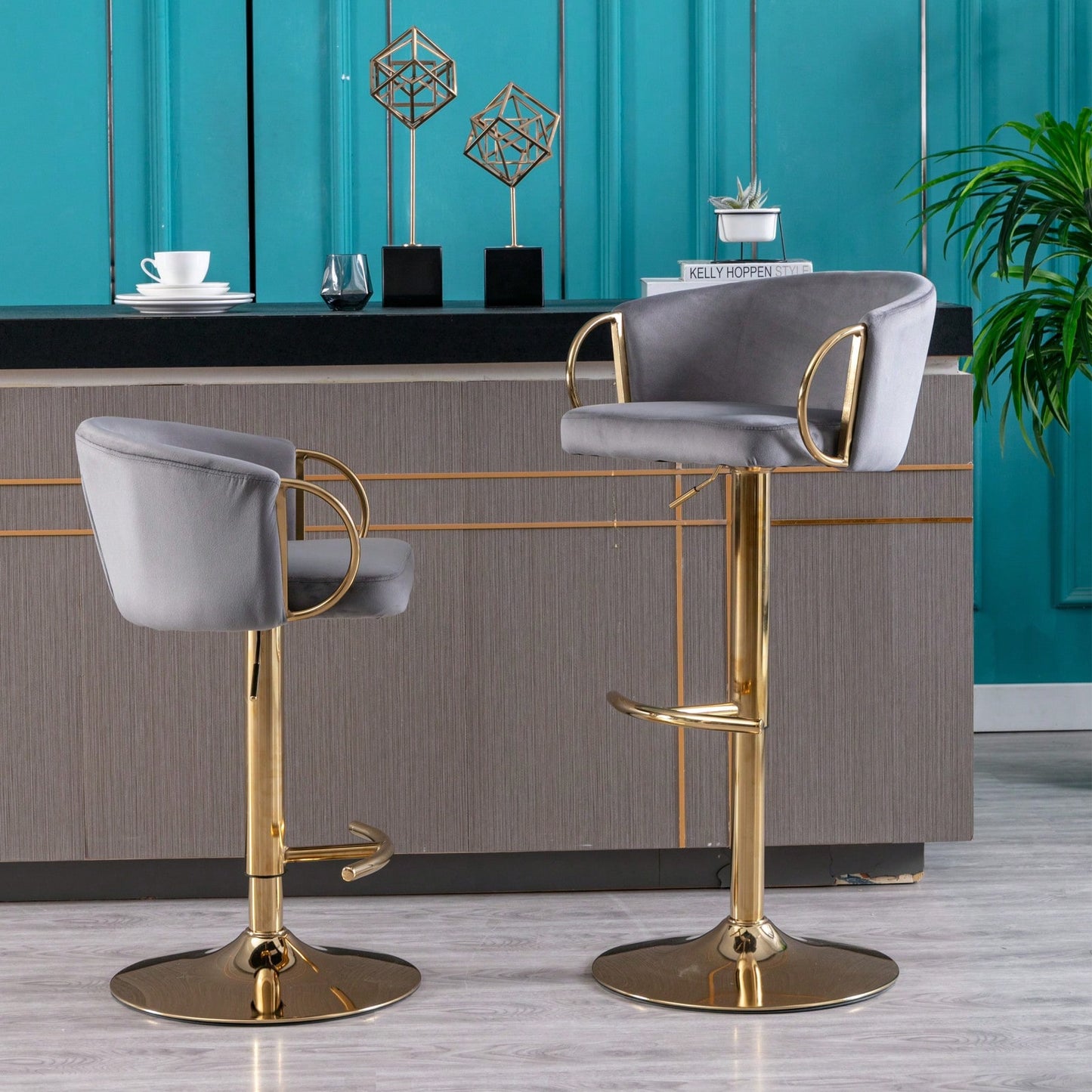 Adjustable Velvet Bar Stools Set of 2 with Backrest and Footrest Modern Swivel Chairs for Kitchen Island Golden Base