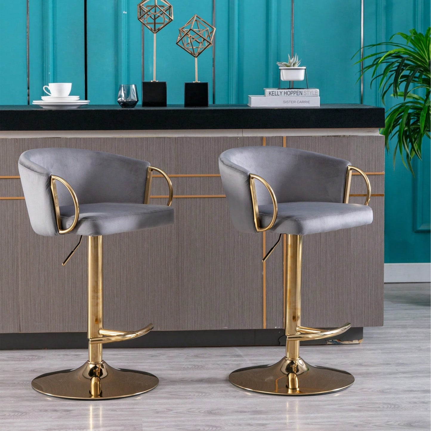 Adjustable Velvet Bar Stools Set of 2 with Backrest and Footrest Modern Swivel Chairs for Kitchen Island Golden Base