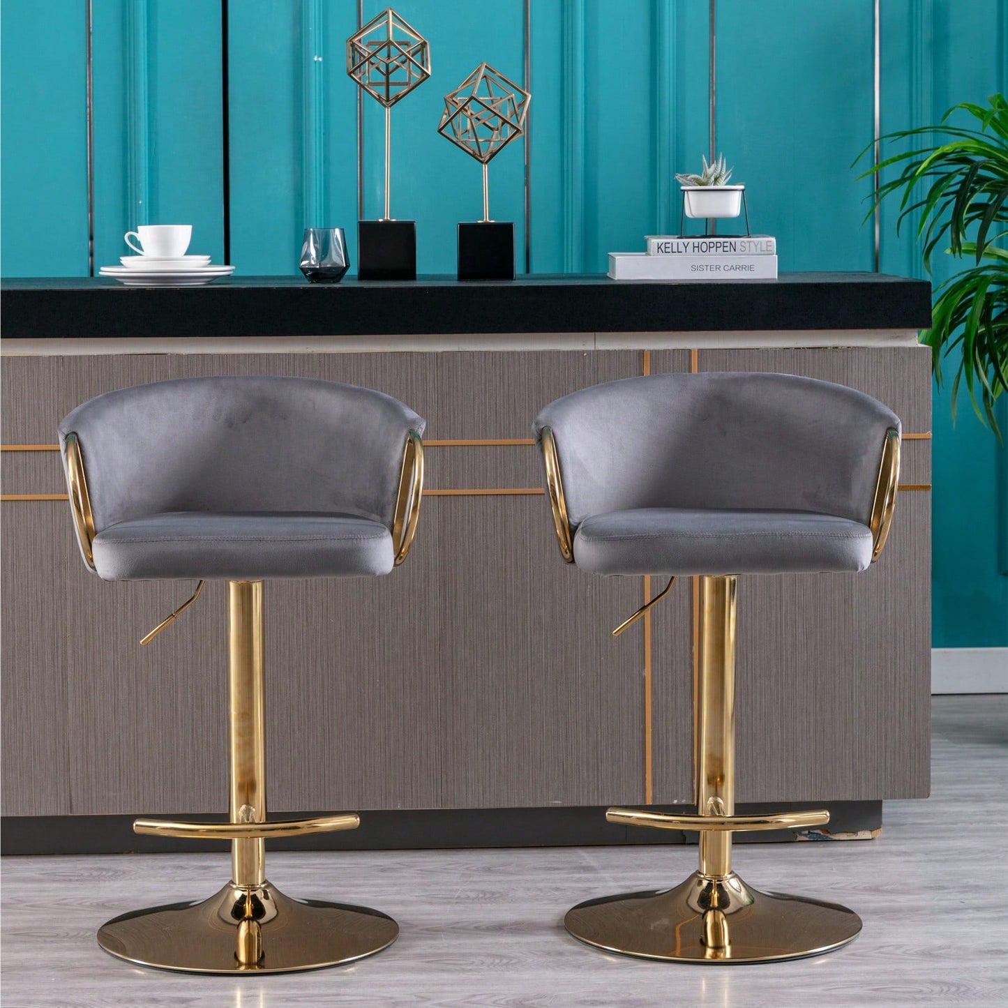 Adjustable Velvet Bar Stools Set of 2 with Backrest and Footrest Modern Swivel Chairs for Kitchen Island Golden Base
