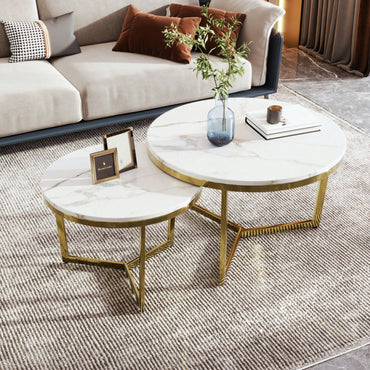 Nesting Round Coffee Table Set of 2 with White Marble Top and Gold Metal Frame Stackable Design for Living Room