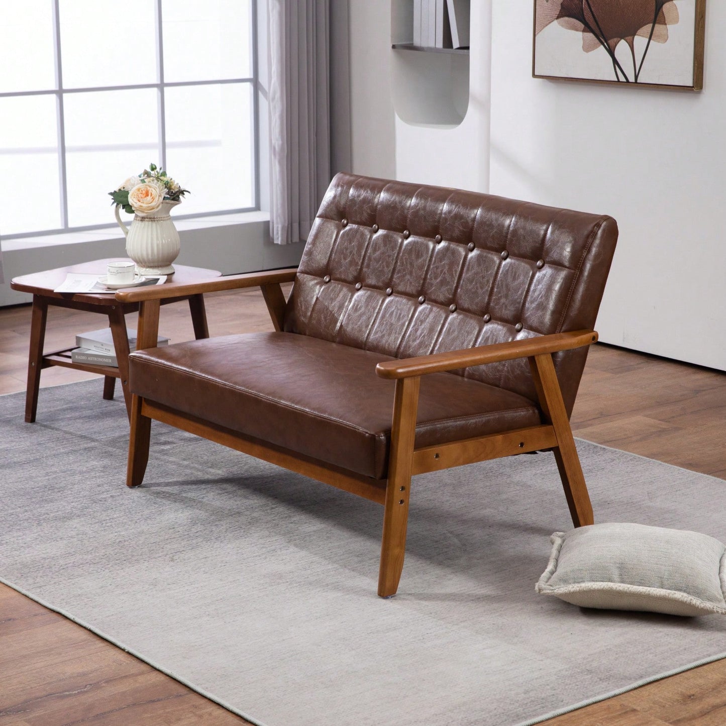 2-Seat Wood Armchair Living Room/Outdoor Lounge Chair Pu Leather Upholstered Loveseat Sofa