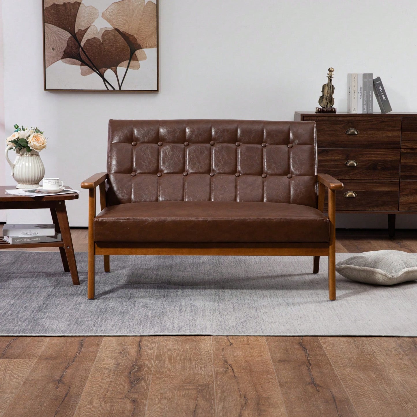 2-Seat Wood Armchair Living Room/Outdoor Lounge Chair Pu Leather Upholstered Loveseat Sofa