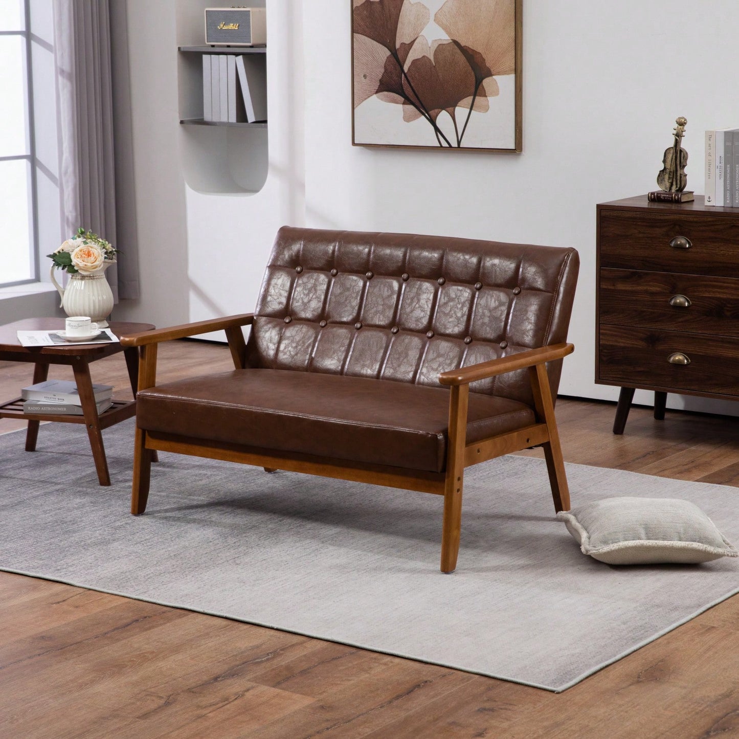 2-Seat Wood Armchair Living Room/Outdoor Lounge Chair Pu Leather Upholstered Loveseat Sofa