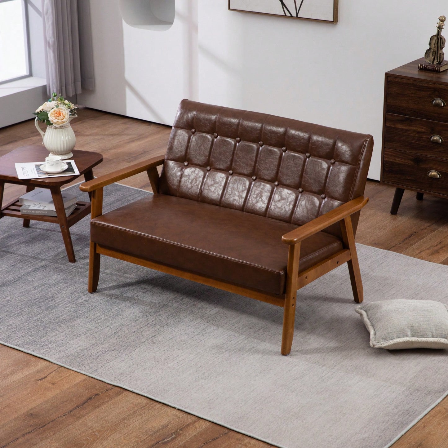 2-Seat Wood Armchair Living Room/Outdoor Lounge Chair Pu Leather Upholstered Loveseat Sofa