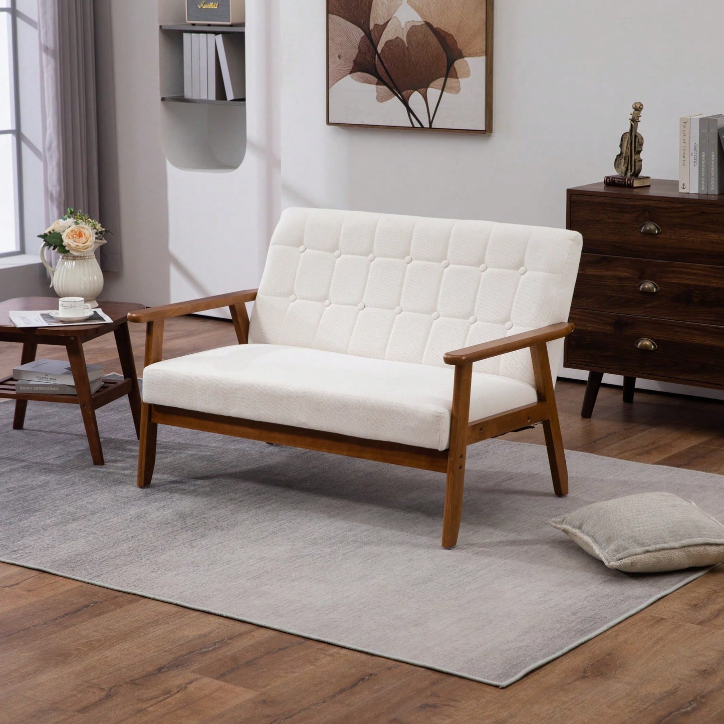 2-Seat Wood Armchair Living Room/Outdoor Lounge Chair Pu Leather Upholstered Loveseat Sofa