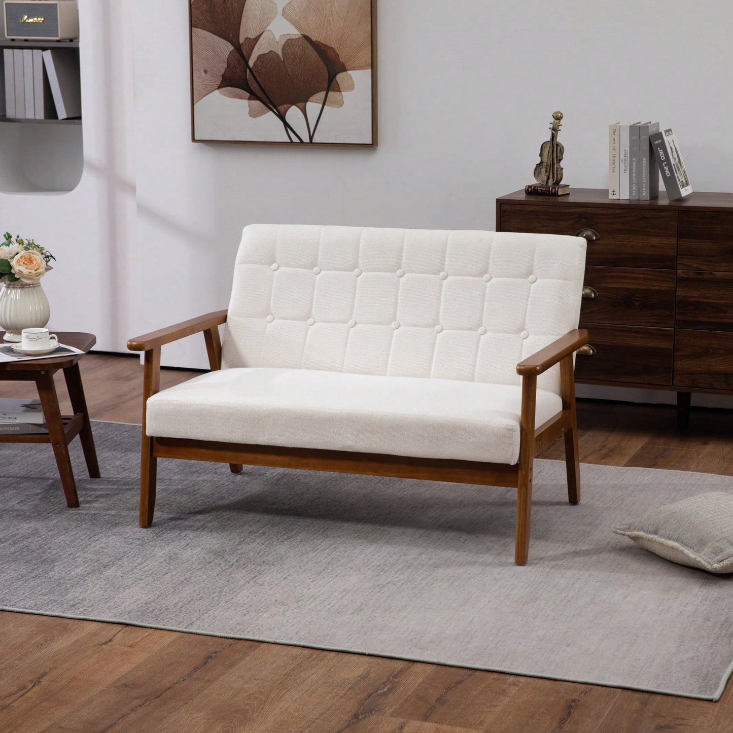 2-Seat Wood Armchair Living Room/Outdoor Lounge Chair Pu Leather Upholstered Loveseat Sofa