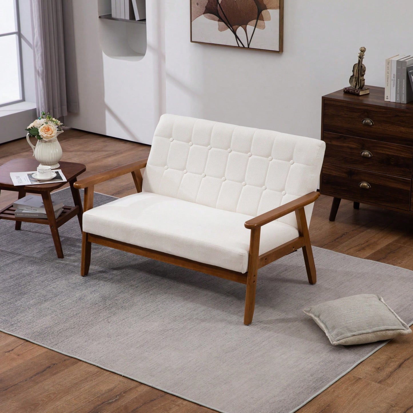2-Seat Wood Armchair Living Room/Outdoor Lounge Chair Pu Leather Upholstered Loveseat Sofa
