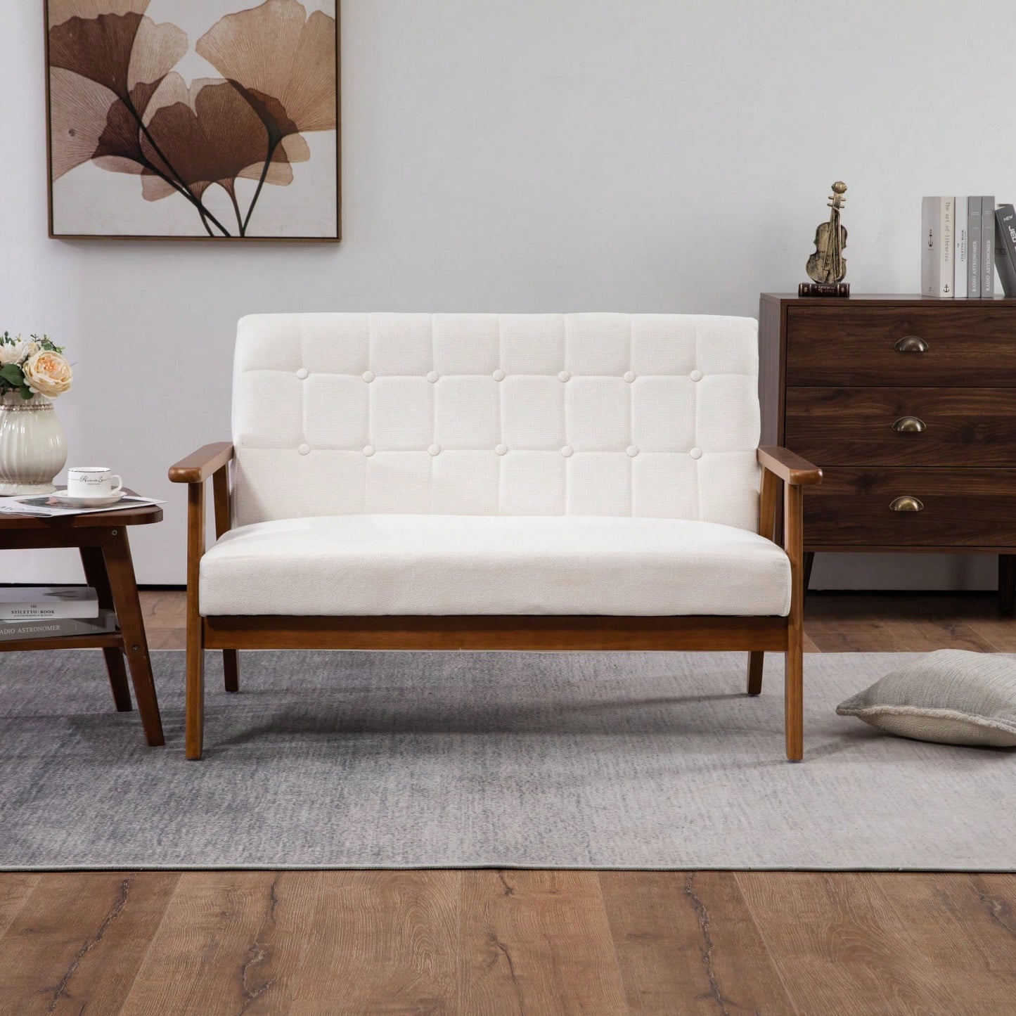 2-Seat Wood Armchair Living Room/Outdoor Lounge Chair Pu Leather Upholstered Loveseat Sofa