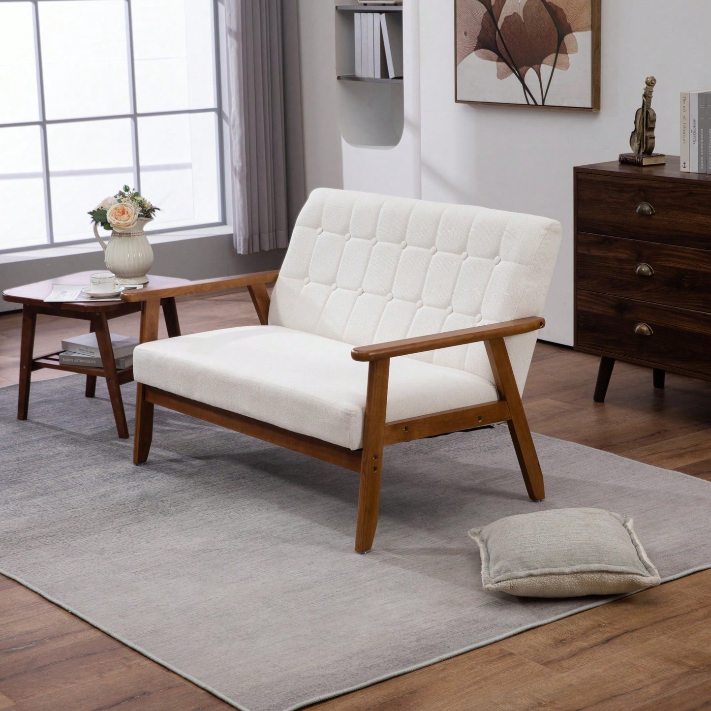 2-Seat Wood Armchair Living Room/Outdoor Lounge Chair Pu Leather Upholstered Loveseat Sofa