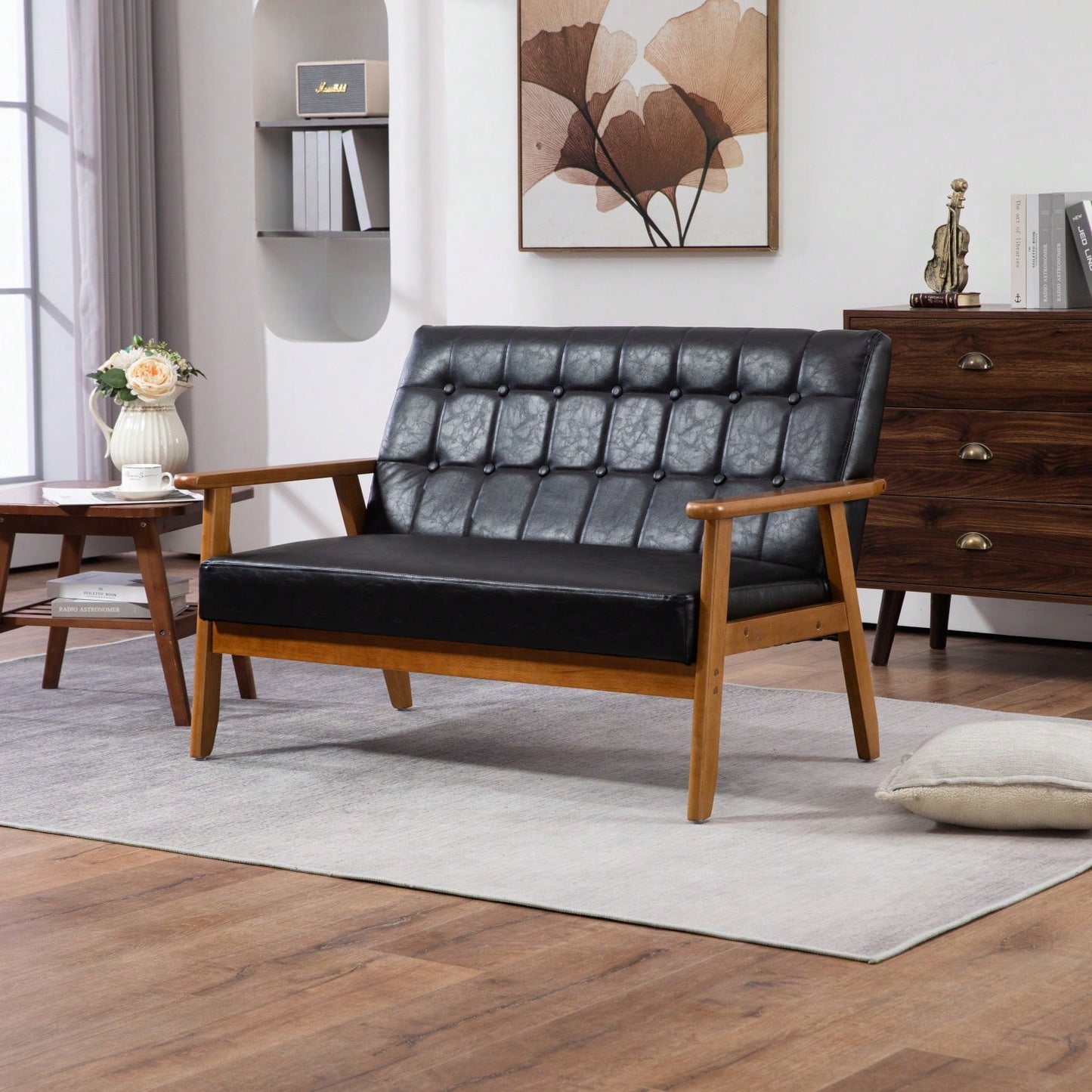 2-Seat Wood Armchair Living Room/Outdoor Lounge Chair Pu Leather Upholstered Loveseat Sofa