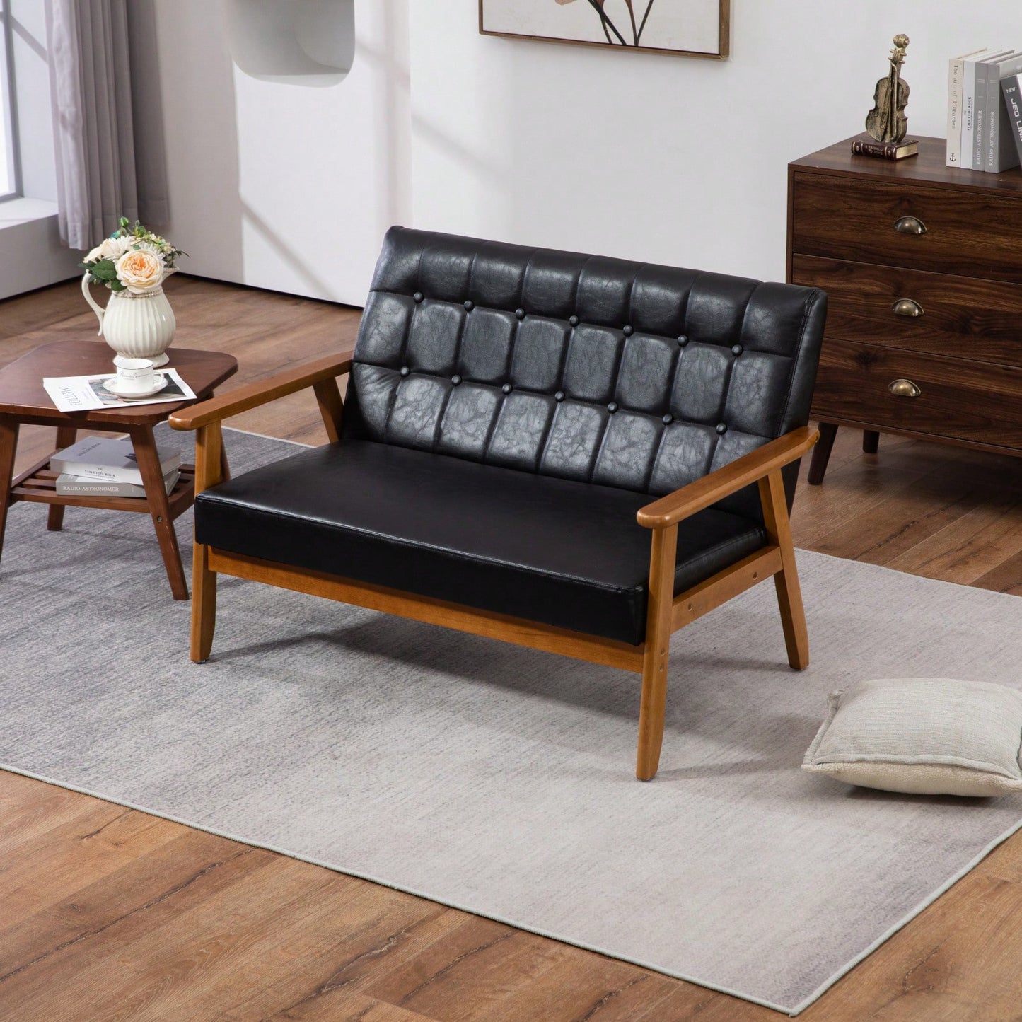 2-Seat Wood Armchair Living Room/Outdoor Lounge Chair Pu Leather Upholstered Loveseat Sofa