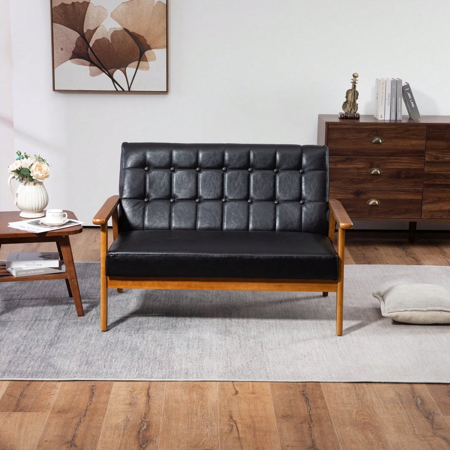 2-Seat Wood Armchair Living Room/Outdoor Lounge Chair Pu Leather Upholstered Loveseat Sofa
