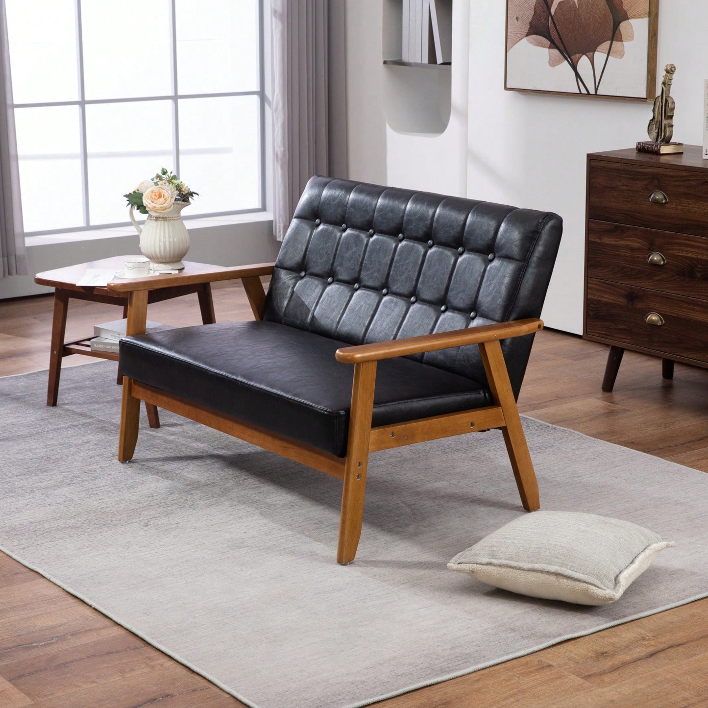 2-Seat Wood Armchair Living Room/Outdoor Lounge Chair Pu Leather Upholstered Loveseat Sofa