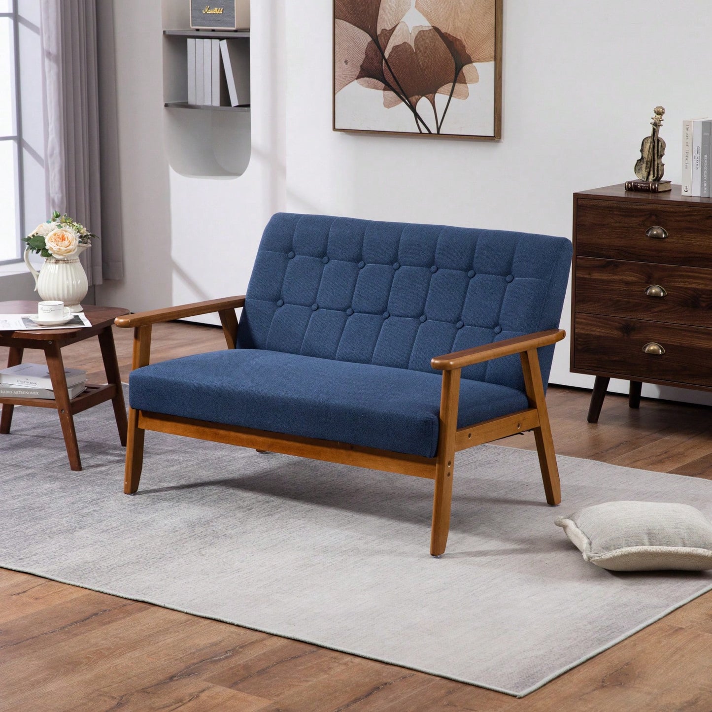 2-Seat Wood Armchair Living Room/Outdoor Lounge Chair Pu Leather Upholstered Loveseat Sofa