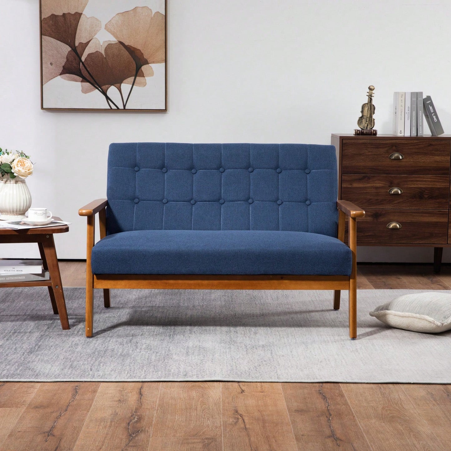 2-Seat Wood Armchair Living Room/Outdoor Lounge Chair Pu Leather Upholstered Loveseat Sofa